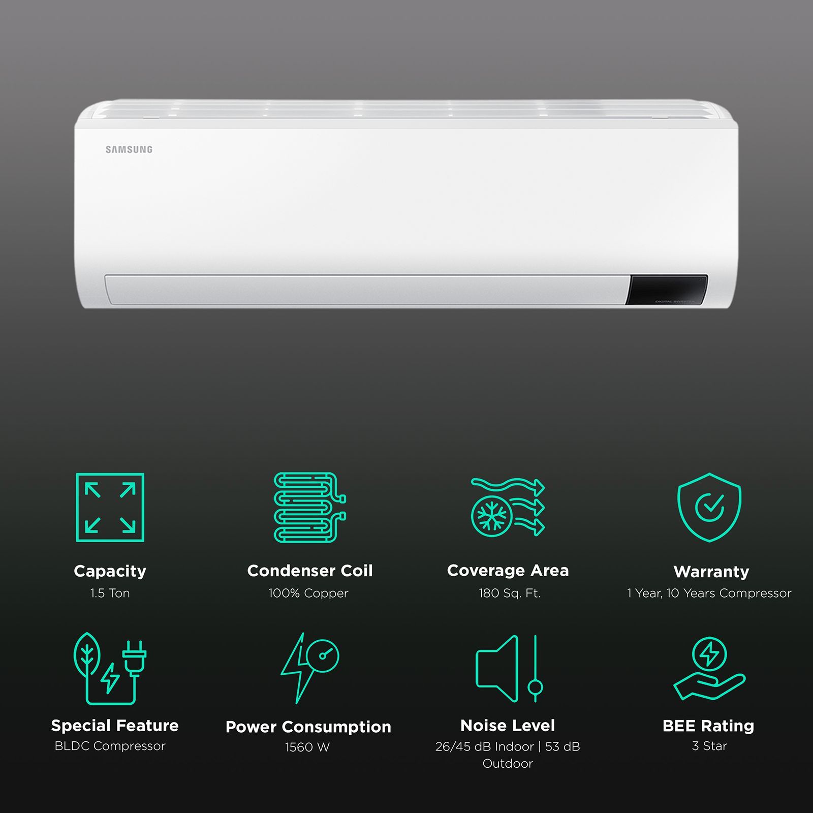 SAMSUNG 5 in 1 Convertible 1.5 Ton 3 Star Inverter Split AC with Anti Bacterial Copper Filter Plus (Copper Condenser, AR18CY3ZAWK) SAMSUNG 5 in 1 Convertible 1.5 Ton 3 Star Inverter Split AC with Anti Bacterial Copper Filter Plus (Copper Condenser, AR18CY3ZAWK)_2