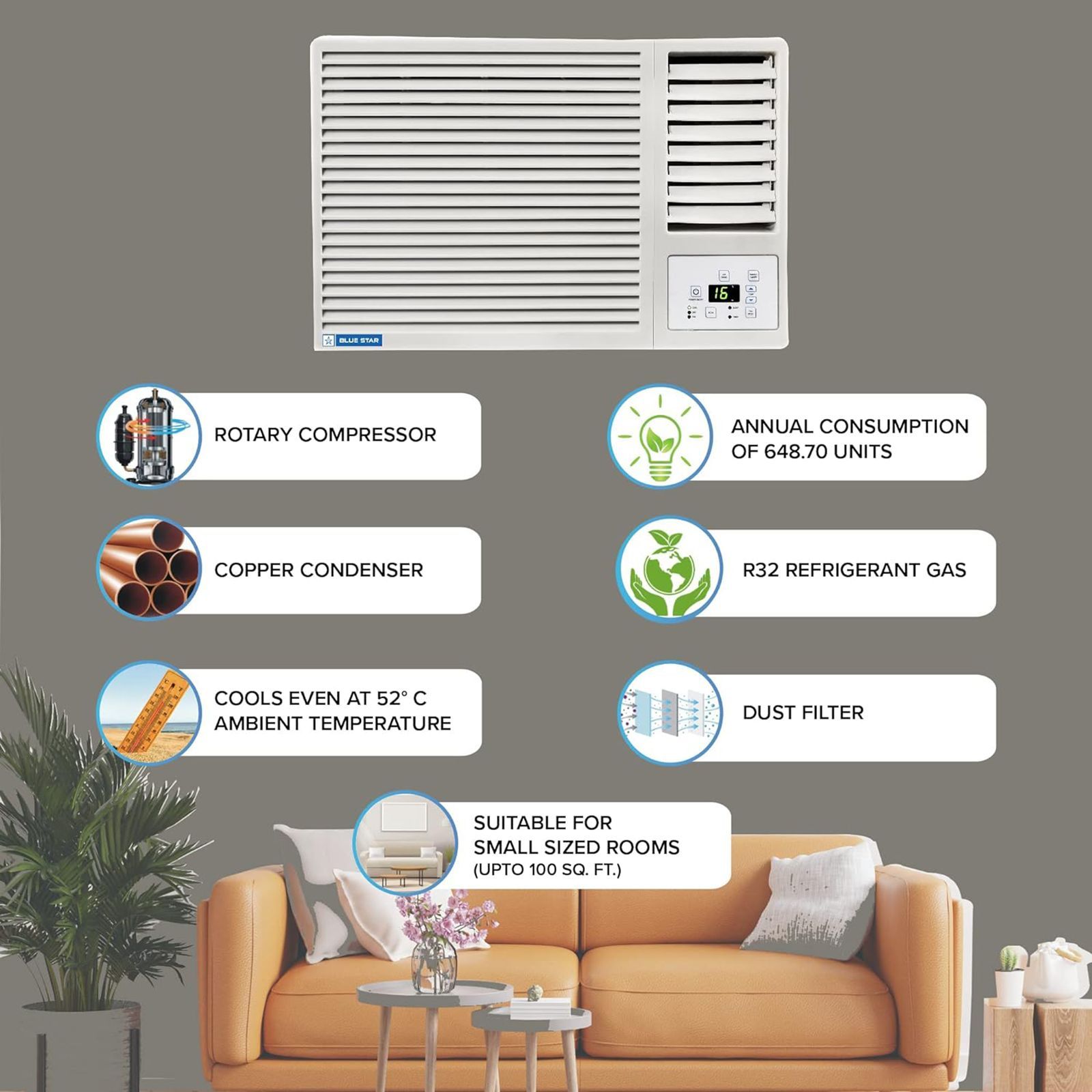 Blue Star 0.75 Ton 3 Star Fixed Speed Window AC (Copper Condenser, Dust Filter, WFA309GN)_7