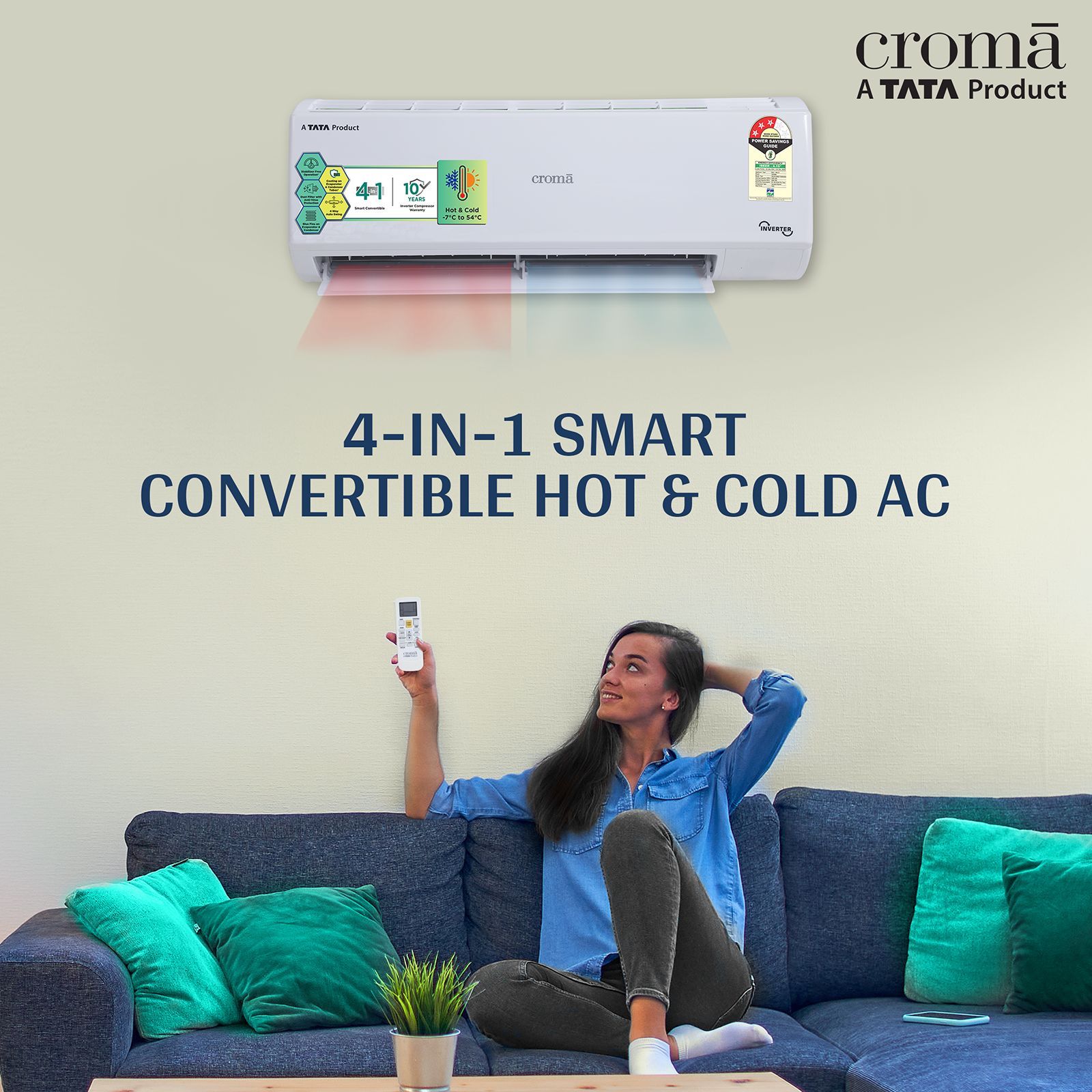 Croma 4 in 1 Convertible 1.5 Ton 3 Star Hot & Cold Inverter Split AC with Dust Filter (Copper Condenser, CRLAH18IND170259)_8