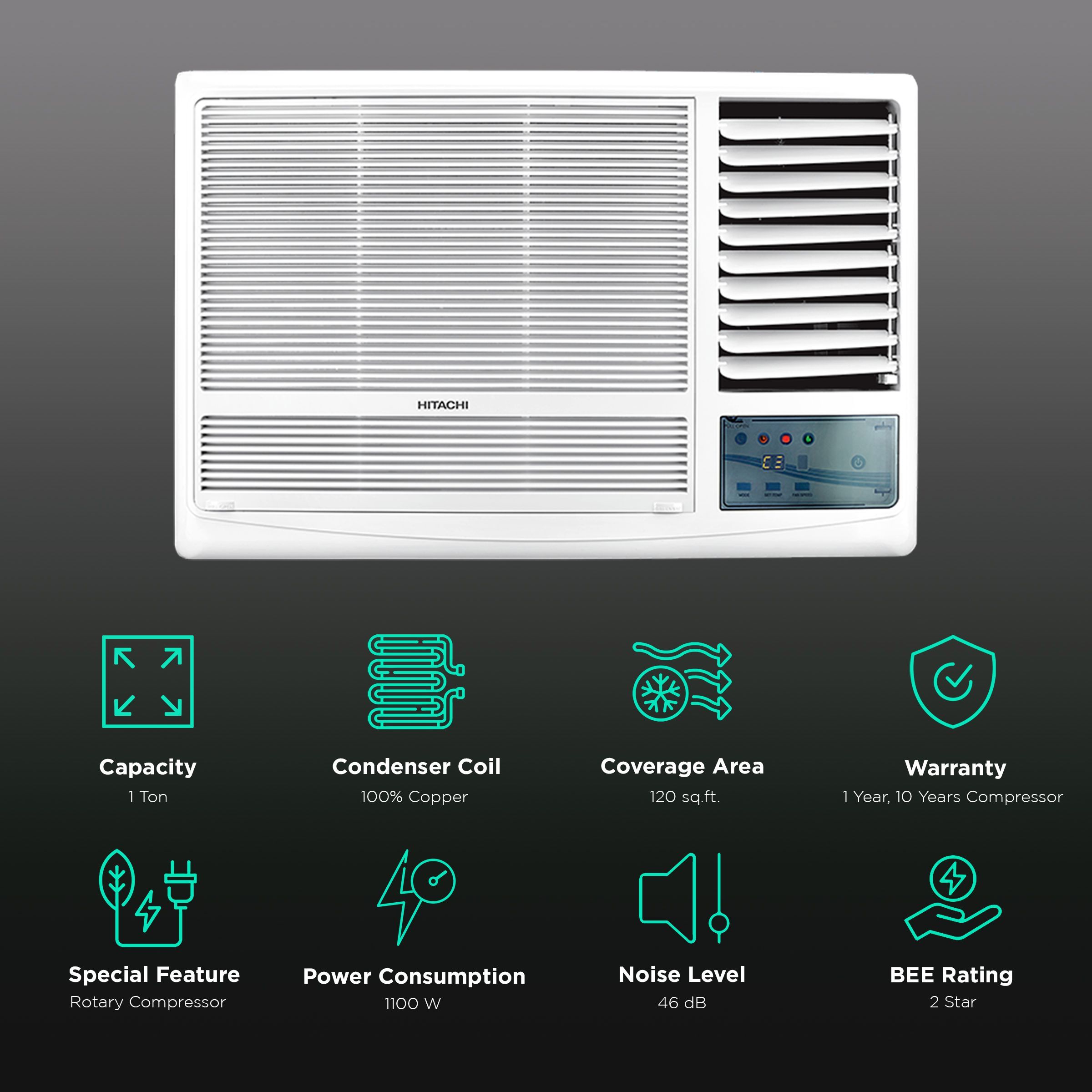 HITACHI Kaze Plus 1 Ton 2 Star Fixed Speed Window AC (Copper Condenser, RAW312HEDO)_2