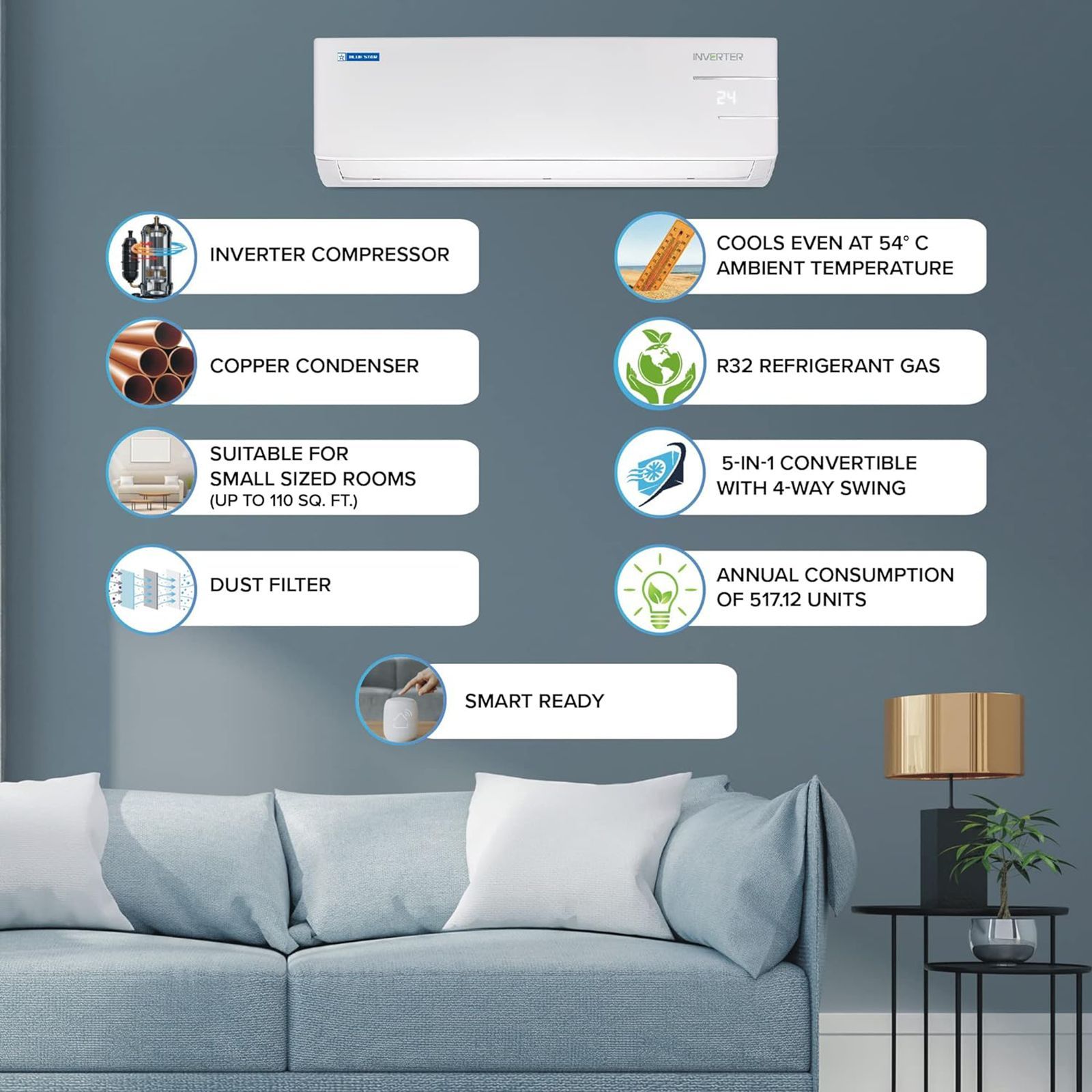 Blue Star 5 in 1 Convertible 1 Ton 5 Star Inverter Split AC with Anti Dust Filter (Copper Condenser, IC512YNU)_11