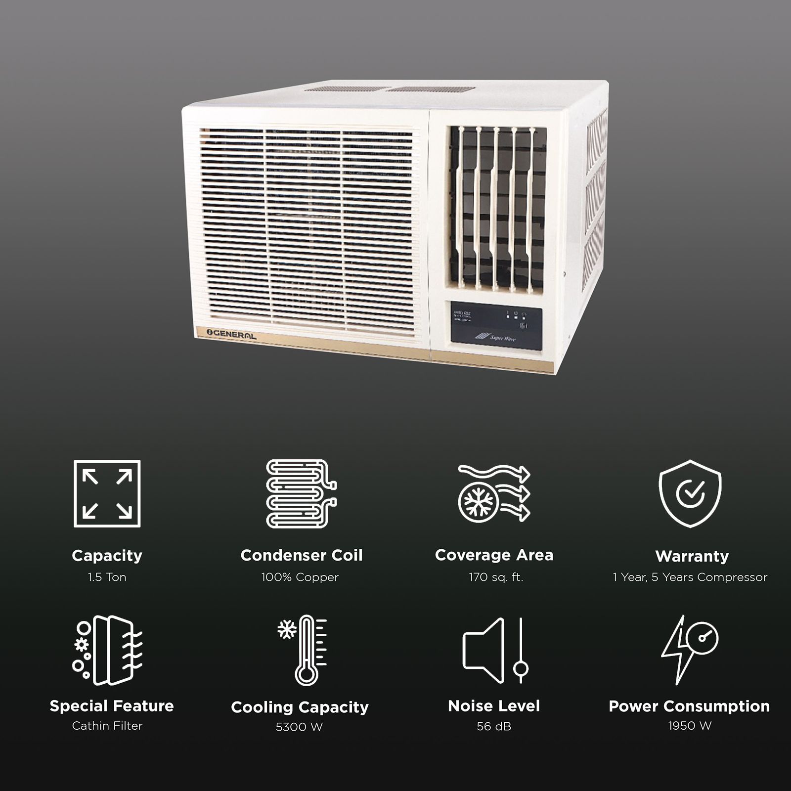 O GENERAL 1.5 Ton 2 Star Non inverter Window AC (Copper Condenser, Cathin Filter, AXGB18BBAA-B)_2