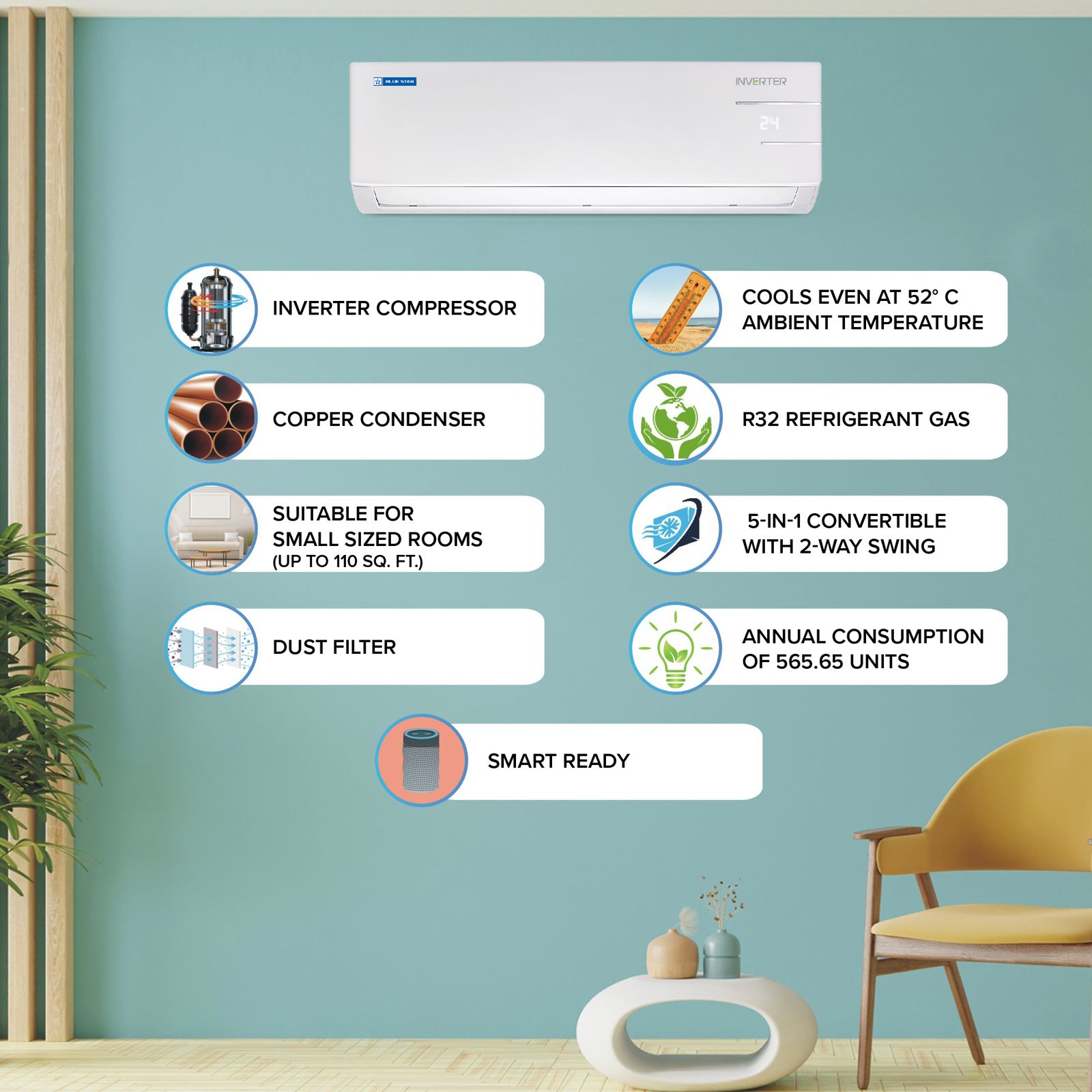 Blue Star Y Series 5 in 1 Convertible 1 Ton 4 Star Inverter Split AC with Dust Filter (Copper Condenser, IC412YNU) Blue Star Y Series 5 in 1 Convertible 1 Ton 4 Star Inverter Split AC with Dust Filter (Copper Condenser, IC412YNU)_9