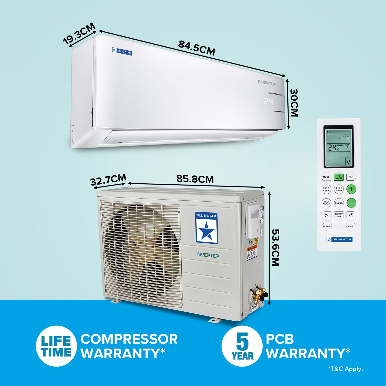 Blue Star Y Series 5 in 1 Convertible 1.2 Ton 3 Star Inverter Split AC with Turbo Cool (Copper Condenser, IC315YNU)_7