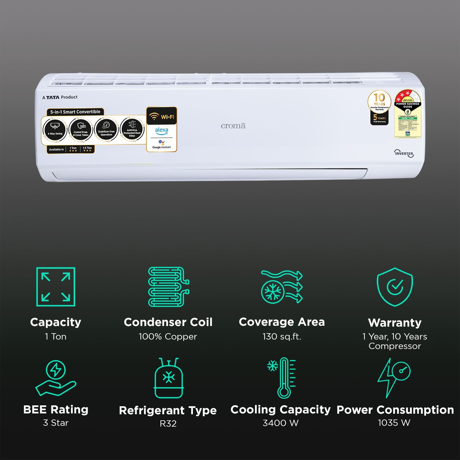 Croma 5 in 1 Convertible 1 Ton 3 Star Inverter Split Smart AC with Alexa and Google Assistant (Copper Condenser, CRLAS12IND170262)_2