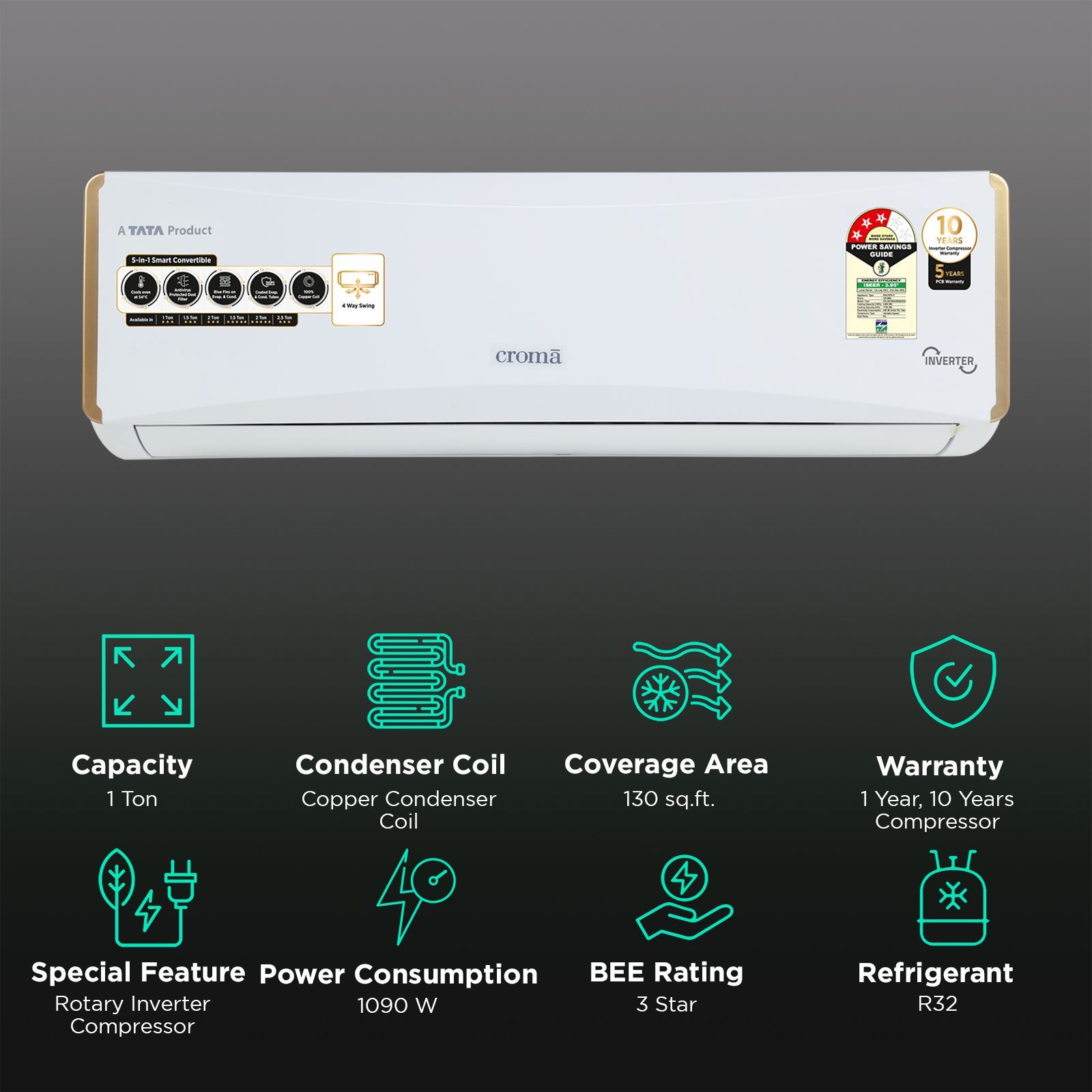 Croma 5 in 1 Convertible 1 Ton 3 Star Inverter Split AC with Dust Filter (Copper Condenser) Croma 5 in 1 Convertible 1 Ton 3 Star Inverter Split AC with Dust Filter (Copper Condenser)_2