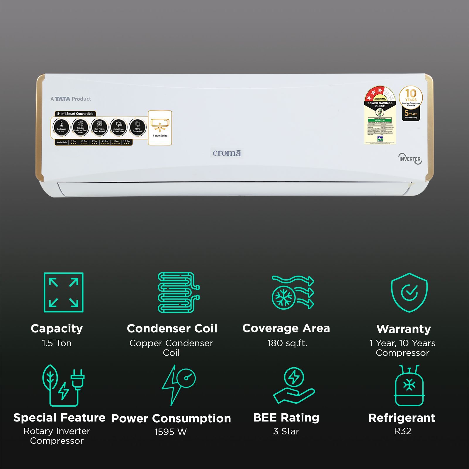 Croma 5 in 1 Convertible 1.5 Ton 3 Star Inverter Split AC with Dust Filter (Copper Condenser) Croma 5 in 1 Convertible 1.5 Ton 3 Star Inverter Split AC with Dust Filter (Copper Condenser)_2