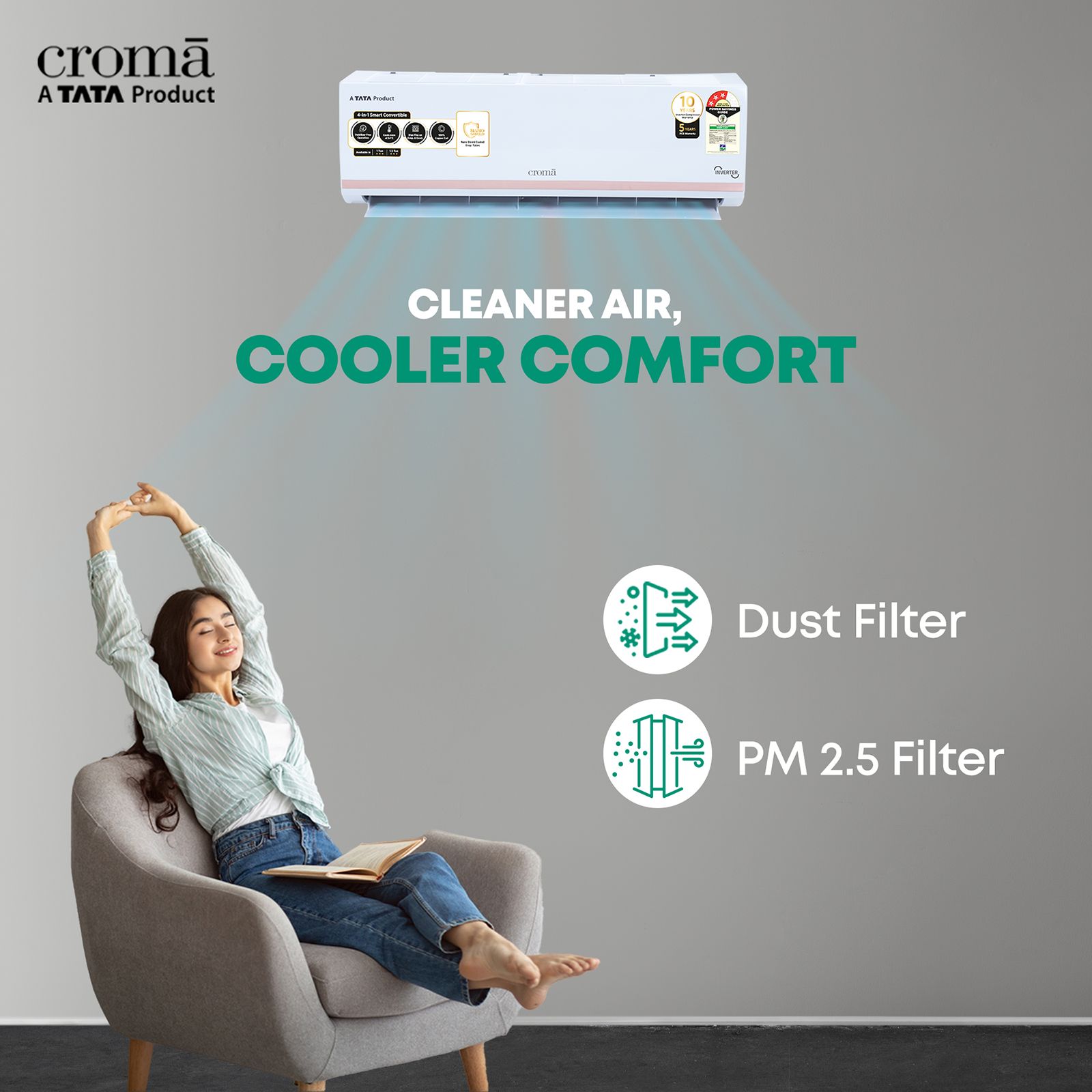 Croma 4 in 1 Convertible 1 Ton 3 Star Inverter Split AC with Dust Filter (Copper Condenser, CRLA012IND283257)_7