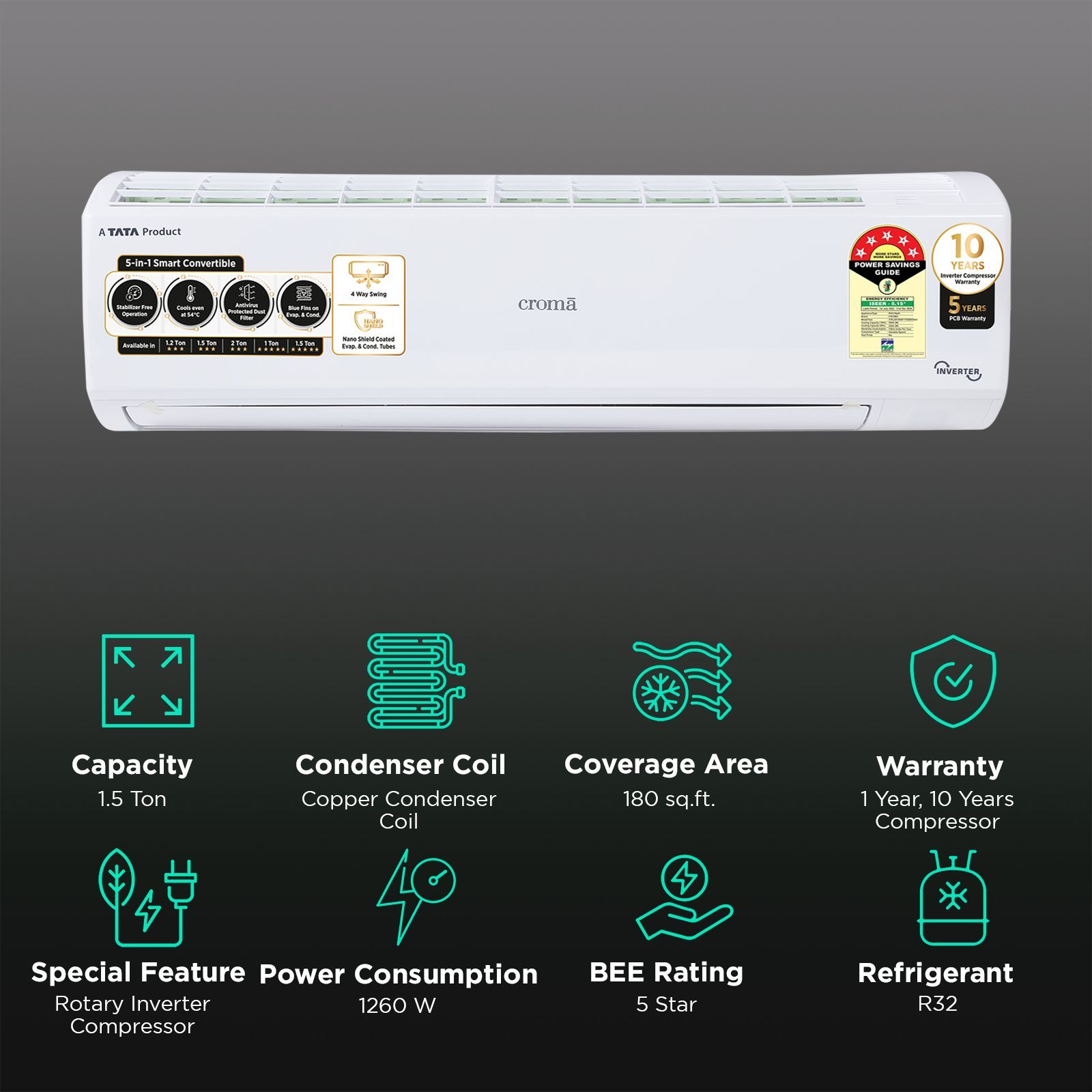 Croma 5 in 1 Convertible 1.5 Ton 5 Star Inverter Split AC with Dust Filter (Copper Condenser, CRLA018INF170269) Croma 5 in 1 Convertible 1.5 Ton 5 Star Inverter Split AC with Dust Filter (Copper Condenser, CRLA018INF170269)_2