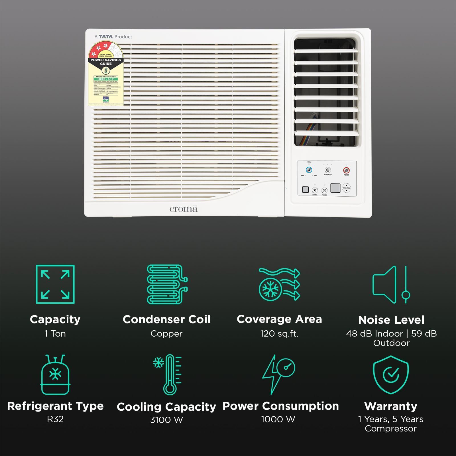 Croma 1 Ton 3 Star Fixed Speed Window AC (Copper Condenser, Dust Filter, CRLA012WAD193305)_2