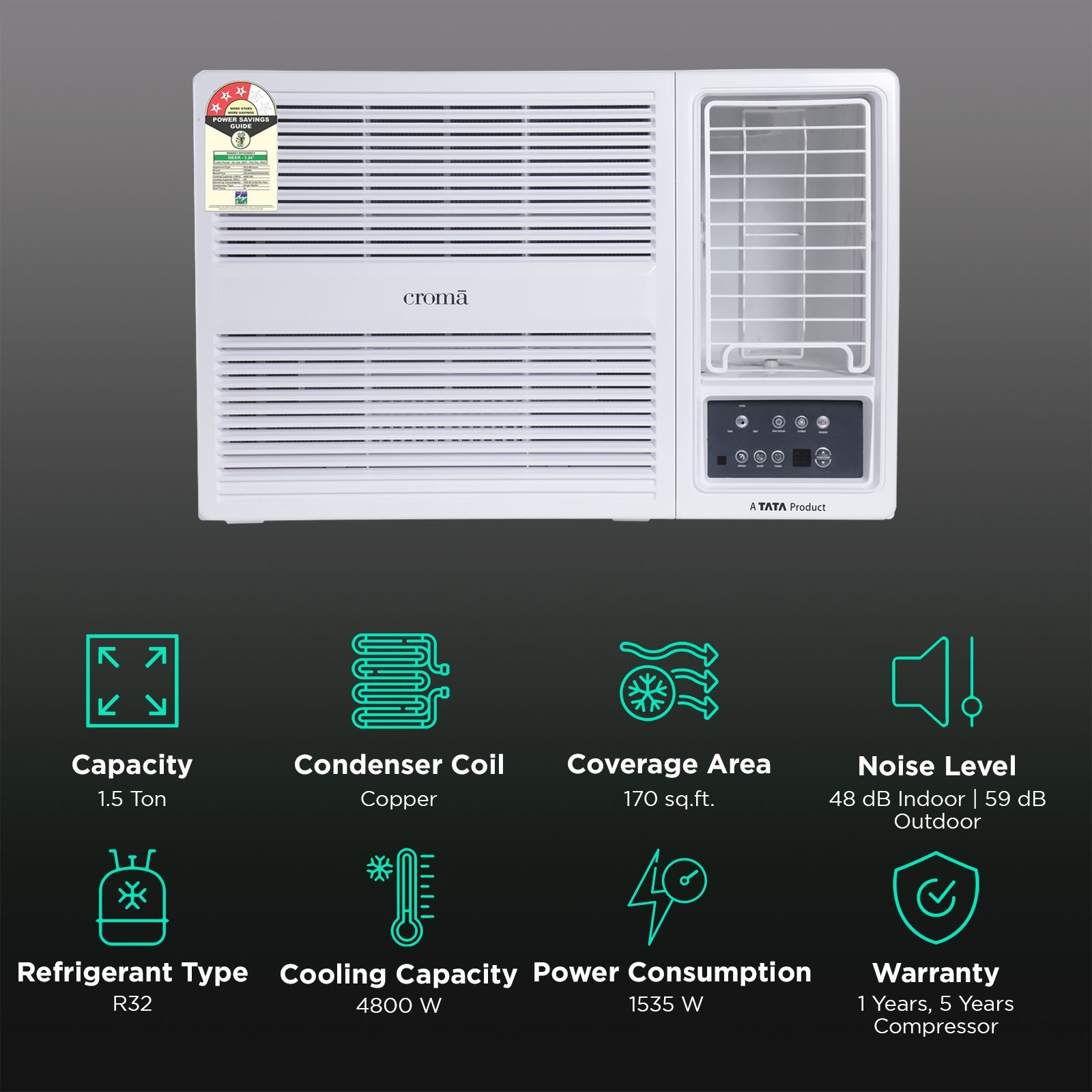 Croma 1.5 Ton 3 Star Fixed Speed Window AC (Copper Condenser, Dust Filter, CRLA018WAD193306) Croma 1.5 Ton 3 Star Fixed Speed Window AC (Copper Condenser, Dust Filter, CRLA018WAD193306)_2