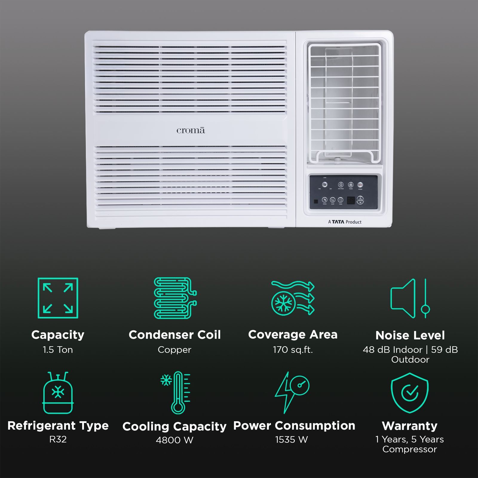 Croma 1.5 Ton 2 Star Fixed Speed Window AC (Copper Condenser, Dust Filter, CRLA018WAD193306)_2