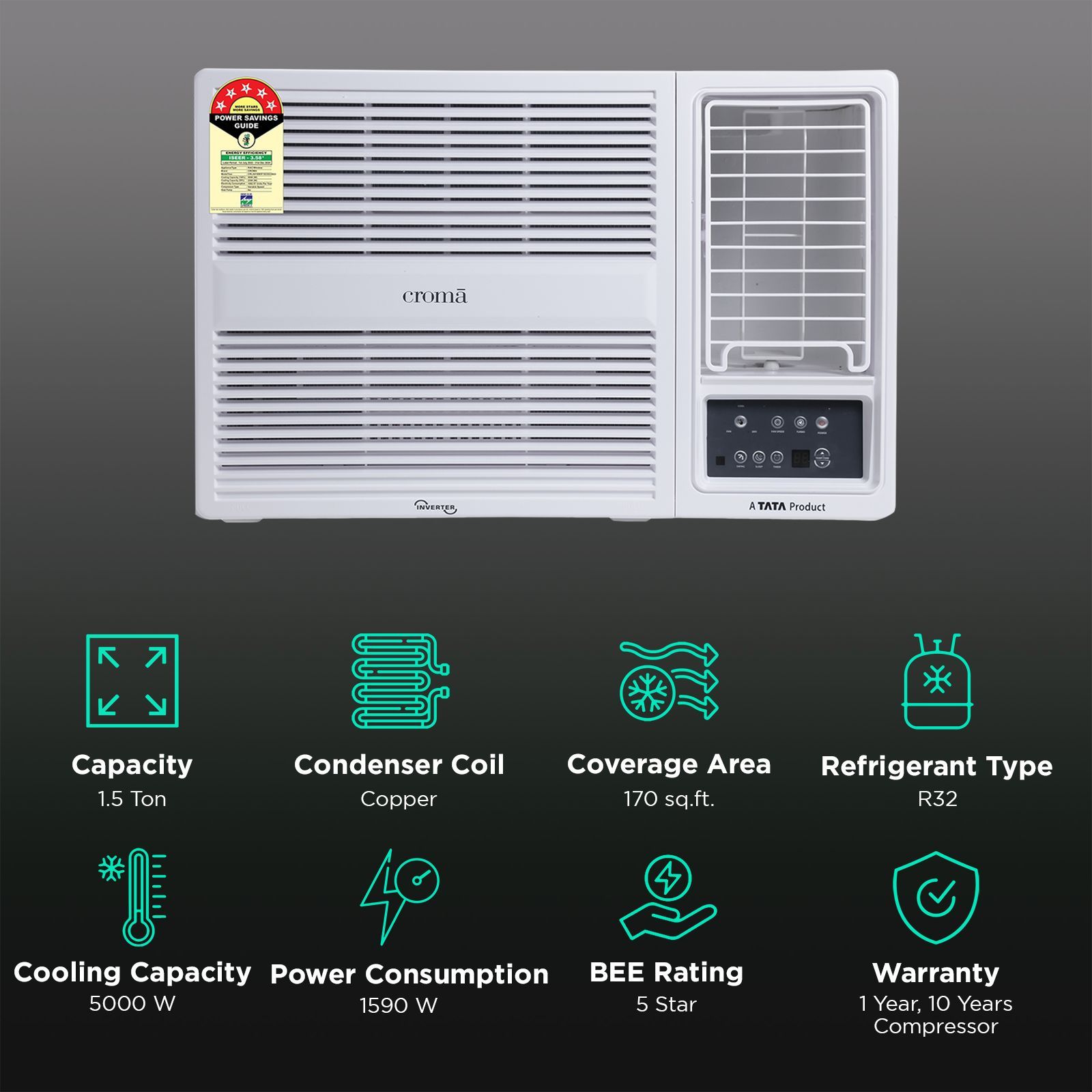 Croma 1.5 Ton 5 Star Inverter Window AC (Copper Condenser, Dust Filter, CRLA018WIF193353) Croma 1.5 Ton 5 Star Inverter Window AC (Copper Condenser, Dust Filter, CRLA018WIF193353)_2