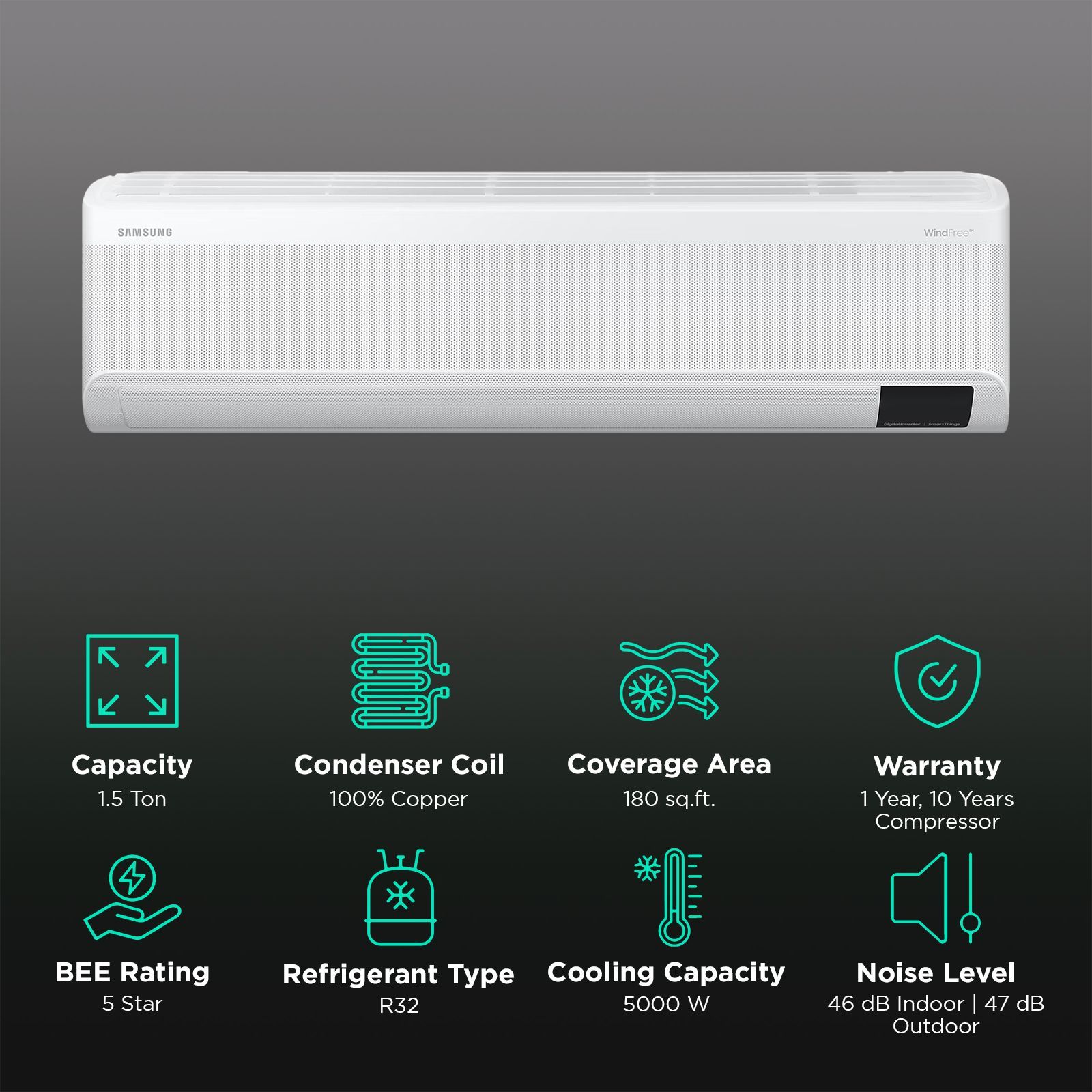 SAMSUNG CY 4 in 1 Convertible 1.5 Ton 5 Star Inverter Split Smart AC with AI Auto Cooling (Copper Condenser, AR18CY5AMWKNNA)_2