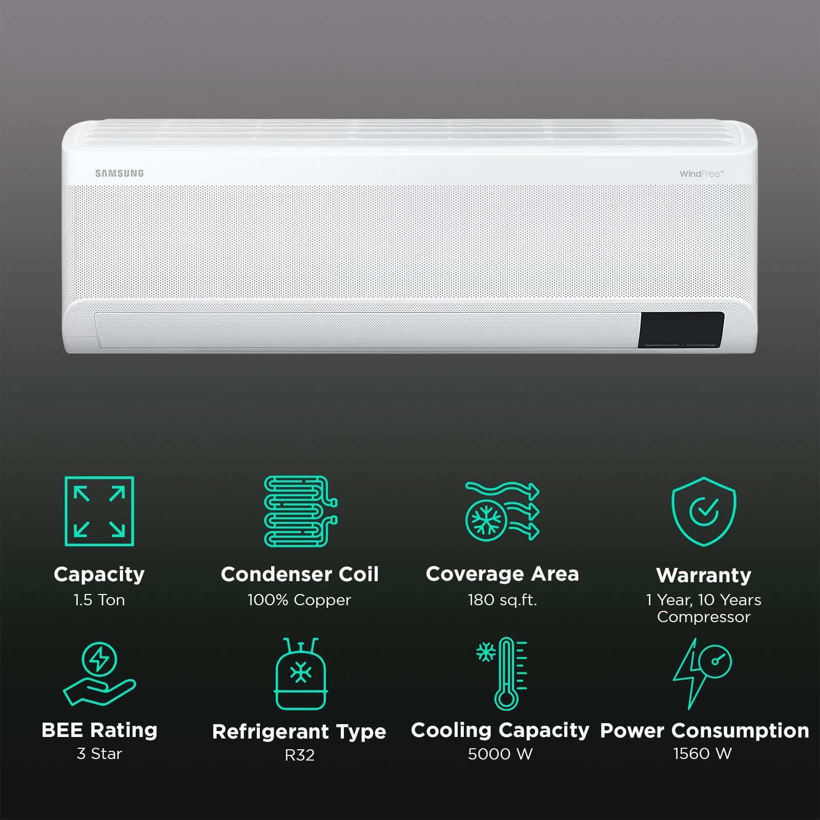 SAMSUNG WindFree 5 in 1 Convertible 1.5 Ton 3 Star Inverter Split Smart AC with Anti Bacterial Filter (Copper Condenser, AR18CY3ANWKNNA) SAMSUNG WindFree 5 in 1 Convertible 1.5 Ton 3 Star Inverter Split Smart AC with Anti Bacterial Filter (Copper Condenser, AR18CY3ANWKNNA)_2