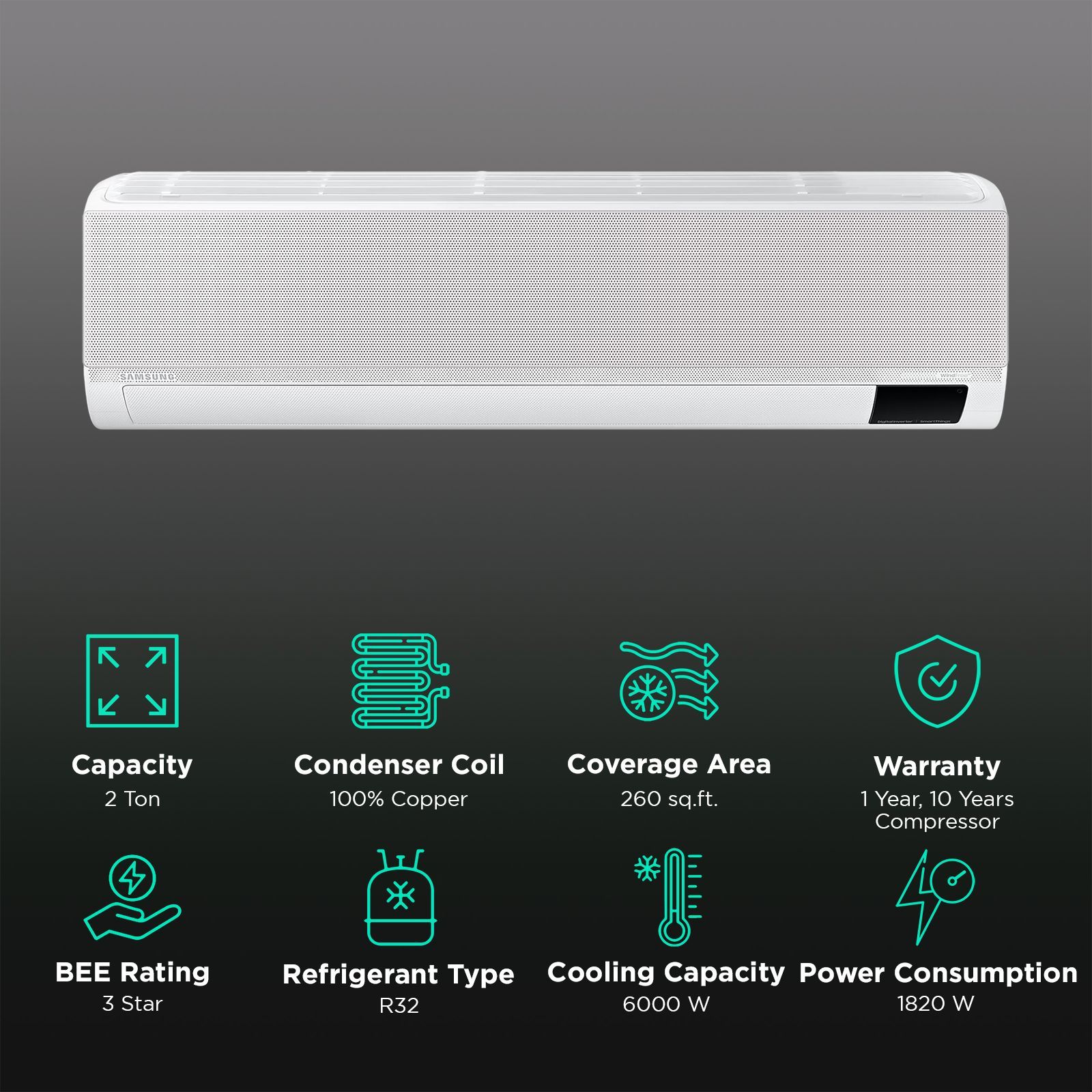 SAMSUNG CY 5 in 1 Convertible 2 Ton 3 Star Inverter Split Smart AC with AI Auto Cooling ( Copper Condenser, AR24CY3AAGBNNA) SAMSUNG CY 5 in 1 Convertible 2 Ton 3 Star Inverter Split Smart AC with AI Auto Cooling ( Copper Condenser, AR24CY3AAGBNNA)_2