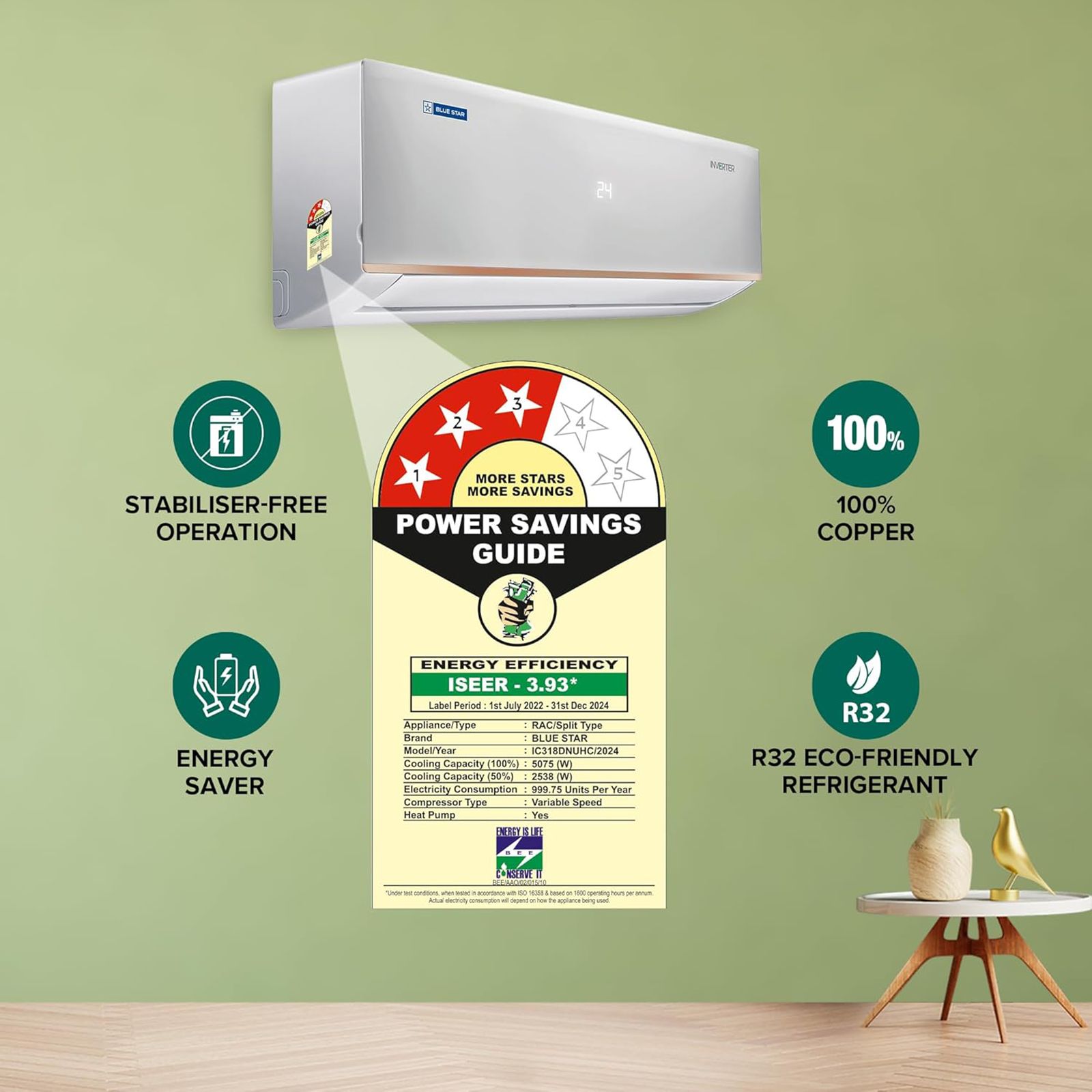 Blue Star D Series 5 in 1 Convertible 1.5 Ton 3 Star Hot & Cold Split AC with Nano BluProtect Technology (Copper Condenser, IC318DNUHC) Blue Star D Series 5 in 1 Convertible 1.5 Ton 3 Star Hot & Cold Split AC with Nano BluProtect Technology (Copper Condenser, IC318DNUHC)_16