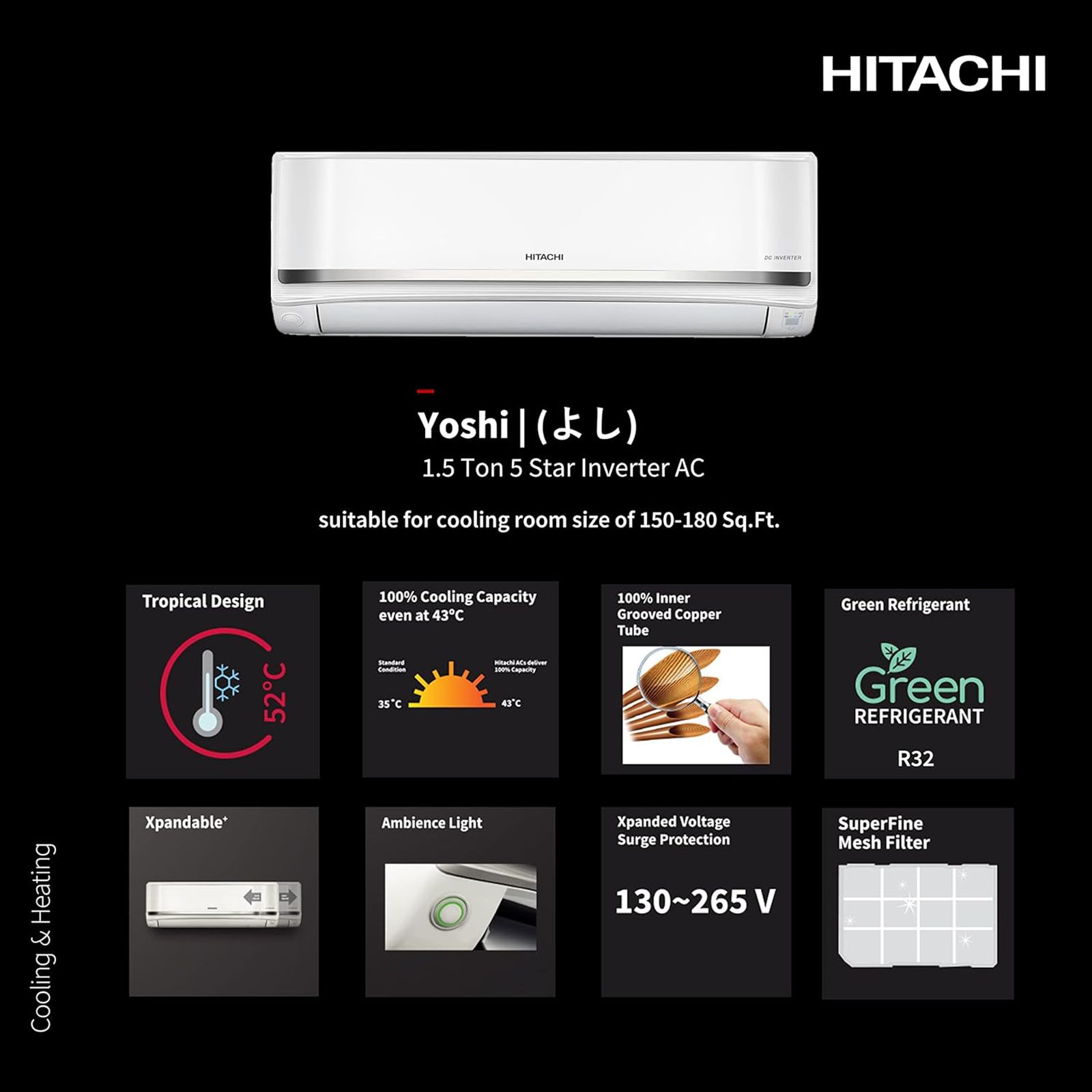 HITACHI Yoshi 5400FXL 1.5 Ton 5 Star Inverter Split AC (Copper Condenser, Superfine Mesh Filter, RAS.G518PCBISF)_9