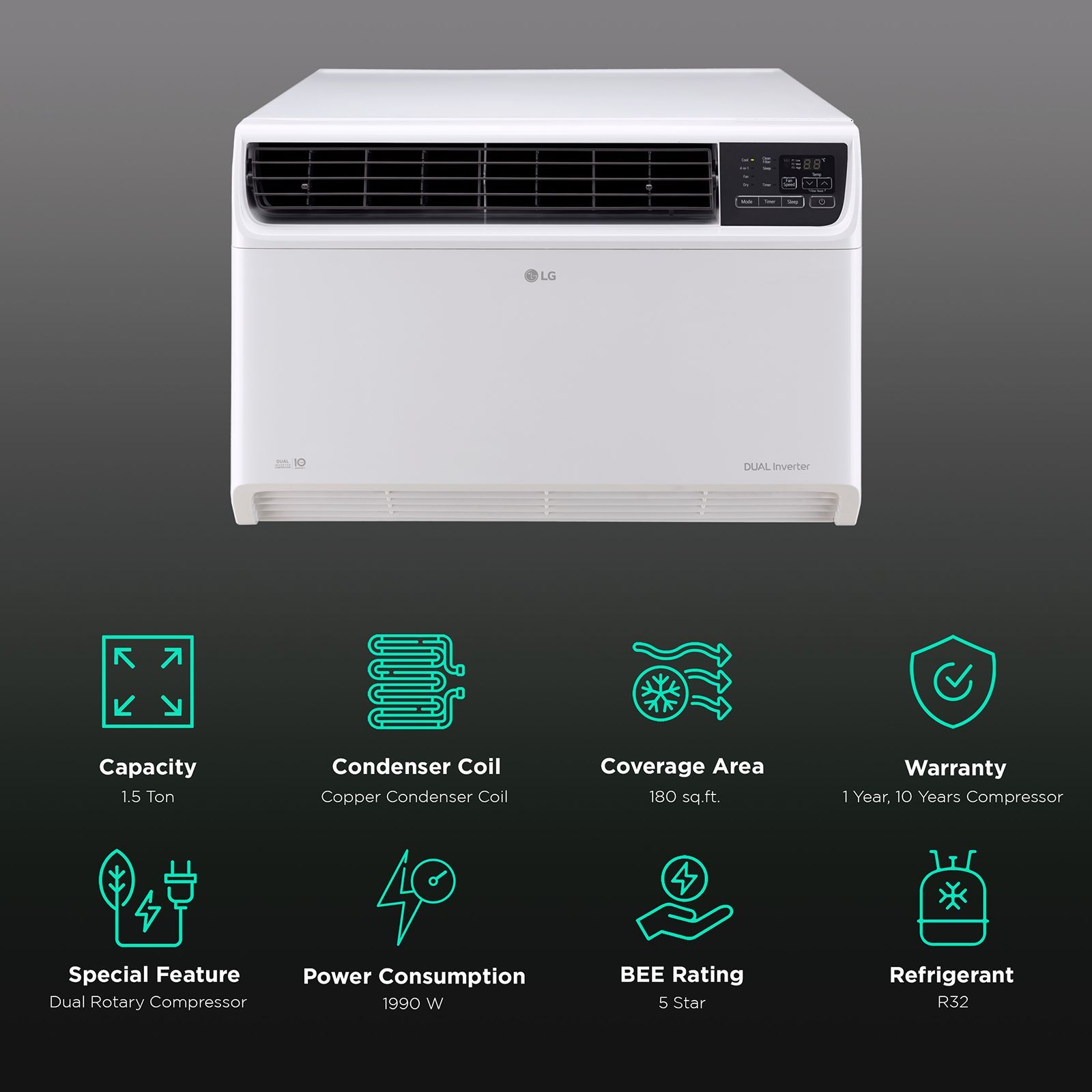 LG TW 4 in 1 Convertible 1.5 Ton 5 Star Dual Inverter Window AC with Dust Filter (Copper Condenser, TW-Q18WUZA.ASLG)_2