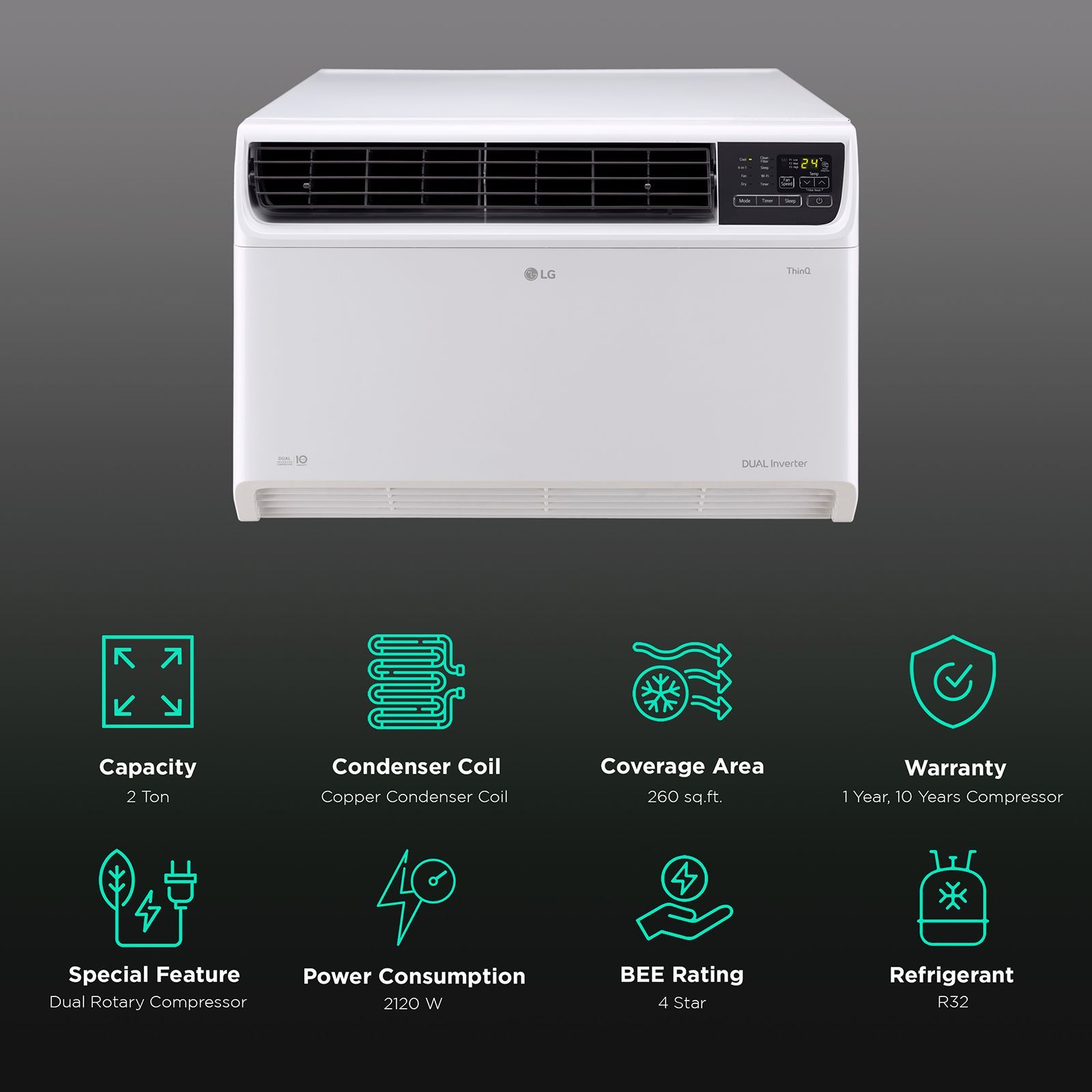 LG TW 4 in 1 Convertible 2 Ton 4 Star Dual Inverter Window Smart AC with Wi-Fi Supported (Copper Condenser, TW-Q24WWYA.ASLG) LG TW 4 in 1 Convertible 2 Ton 4 Star Dual Inverter Window Smart AC with Wi-Fi Supported (Copper Condenser, TW-Q24WWYA.ASLG)_2