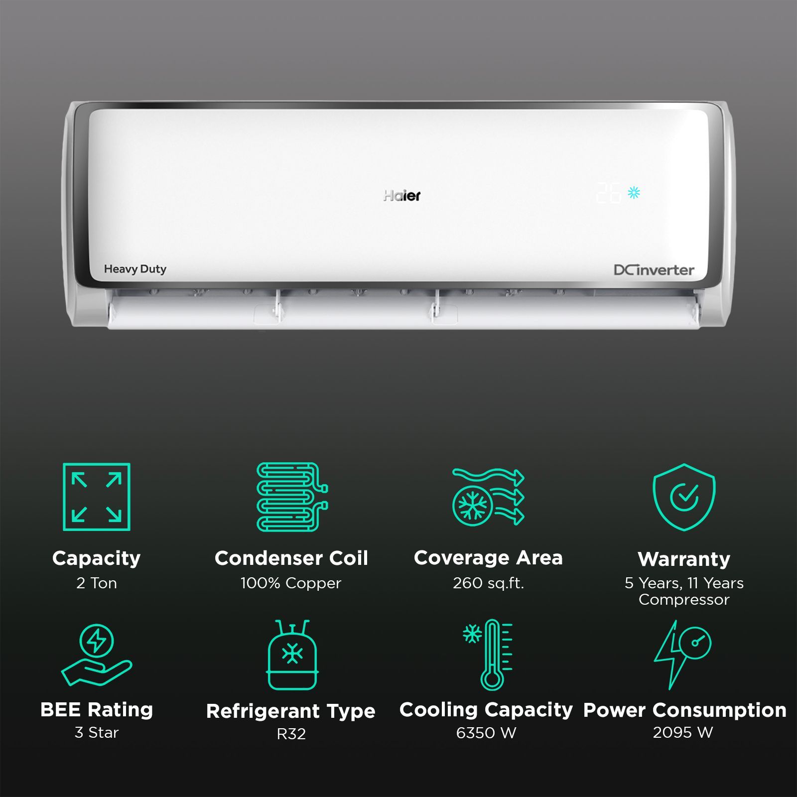 Haier Elegante Heavy Duty 7 in 1 Convertible 2 Ton 3 Star Triple Inverter Plus Split AC with Frost Self Clean (Copper Condenser, HSU24E-TXS3BN-INV)_2