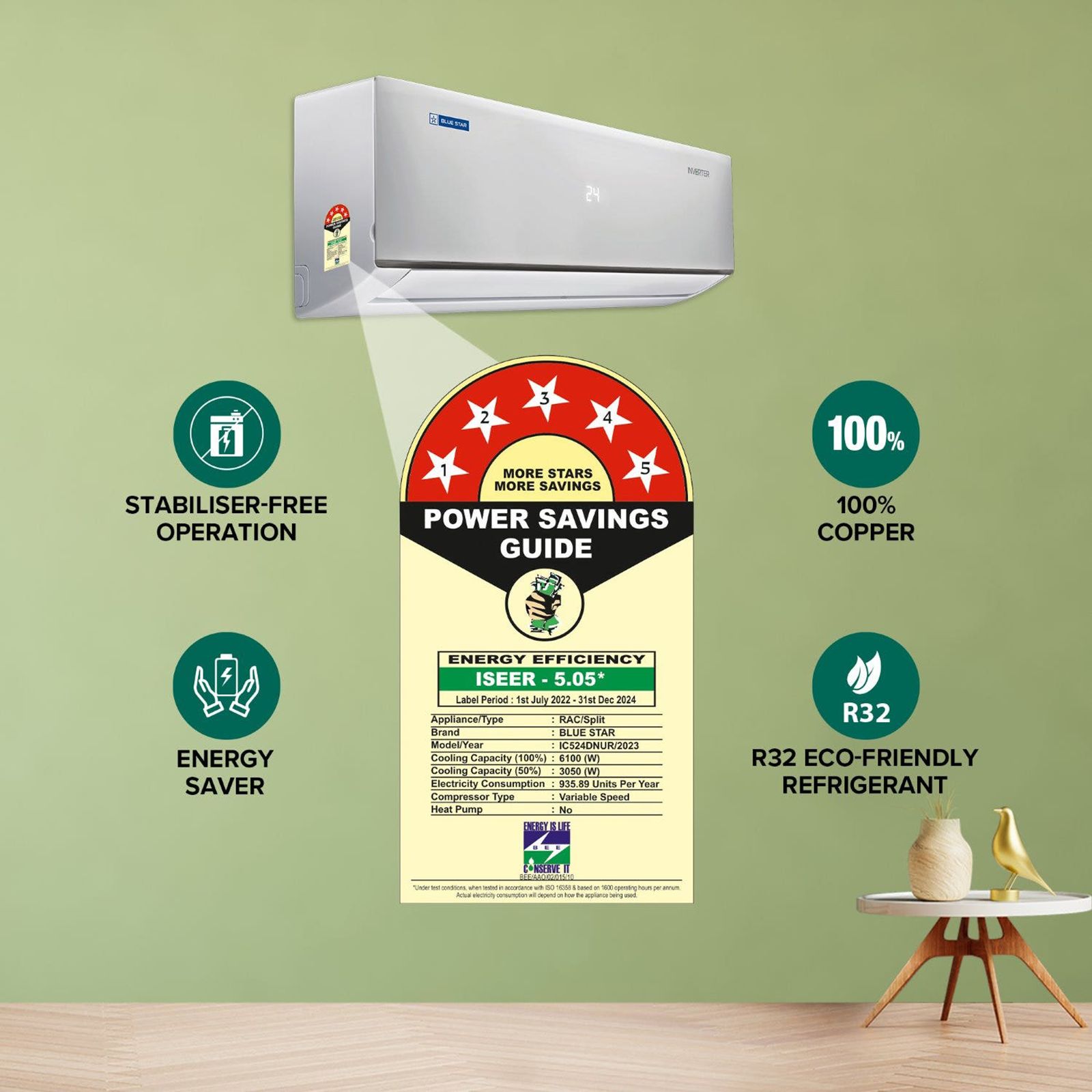 Blue Star D Series 5 in 1 Convertible 2 Ton 5 Star Inverter Split AC with DigiQ Penta Sensor (Copper Condenser, IC524DNUR)_14