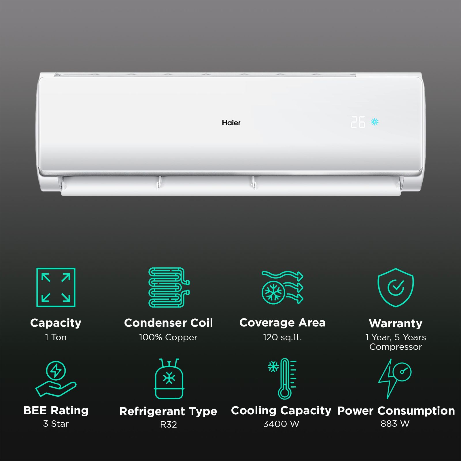 Haier Turbocool 1 Ton 3 Star Fixed Speed Split AC (Copper Condenser, Antibacterial Filter, HSU13T-TQS3BE-FS)_2