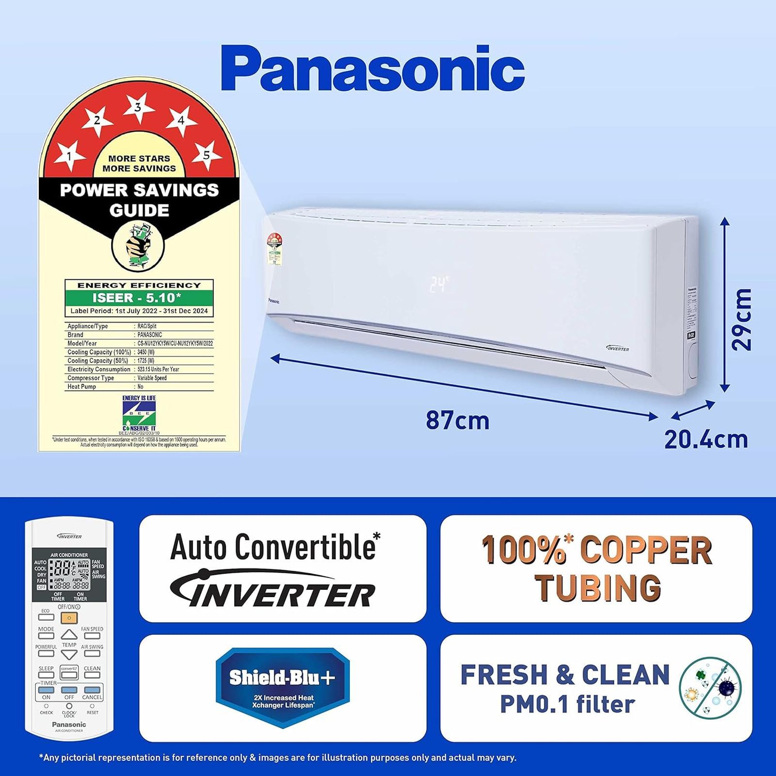 Panasonic NU 7 in 1 Convertible 1 Ton 5 Star Inverter Split Smart AC with Anti Dust Filter (Copper Condenser, CS/CU-NU12YKY5W)_5