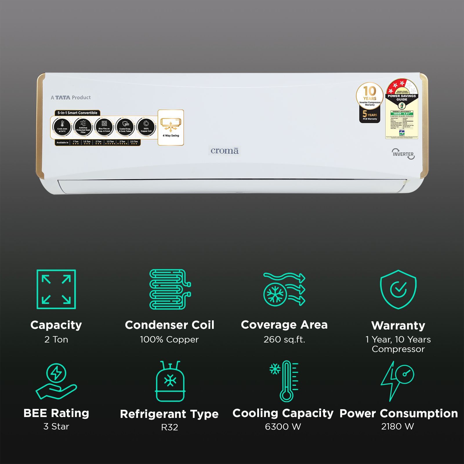 Croma 5 in 1 Convertible 2 Ton 3 Star Inverter Split AC with PM 2.5 Filter (Copper Condenser, CRLA022IND255959) Croma 5 in 1 Convertible 2 Ton 3 Star Inverter Split AC with PM 2.5 Filter (Copper Condenser, CRLA022IND255959)_2