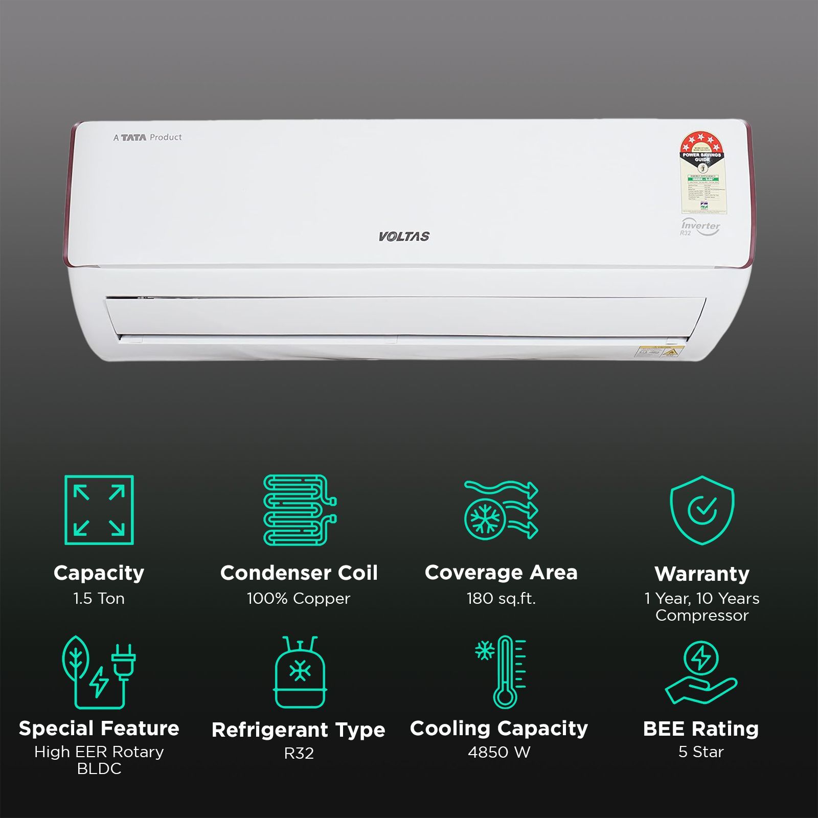 VOLTAS 185V Vectra Eden 1.5 Ton 5 Star Inverter Split AC (Copper Condenser, Dust Filter, 4503604)_2