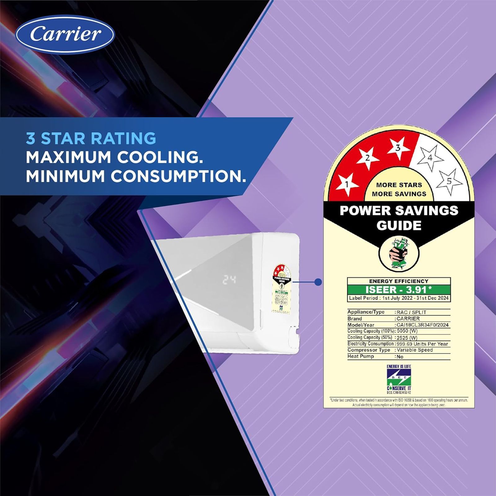 Carrier Xcel Lumo Exi 6 in 1 Convertible 1.5 Ton 3 Star Inverter Split AC with Auto Cleanser (Copper Condenser, CAI18CL3R34F0)_17