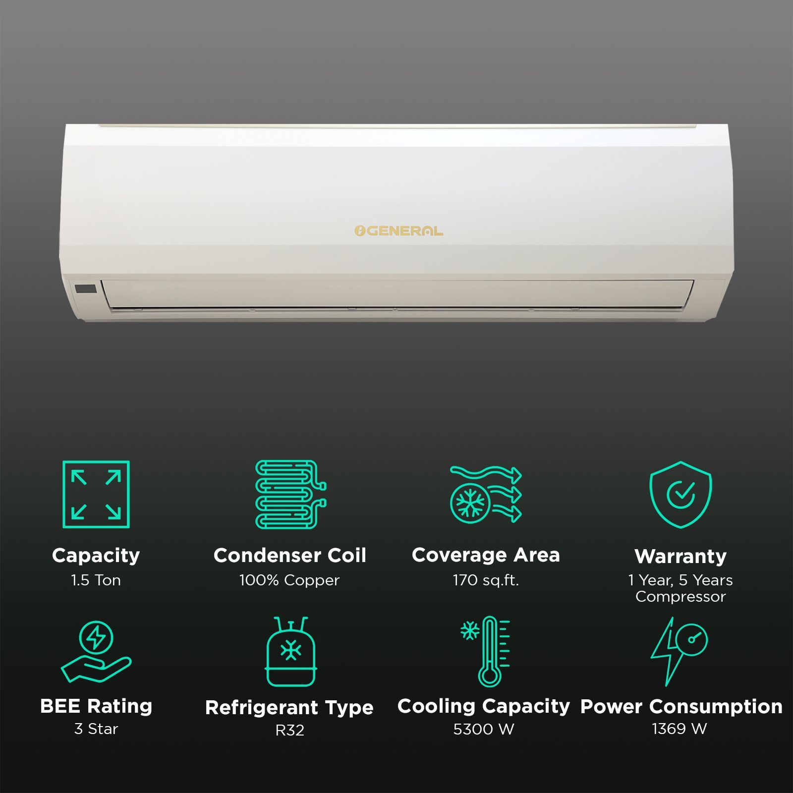 O GENERAL BMA Series 1.5 Ton 3 Star Split AC (Copper Condenser, Dust Filter, ASGA18BMAA-B)_2