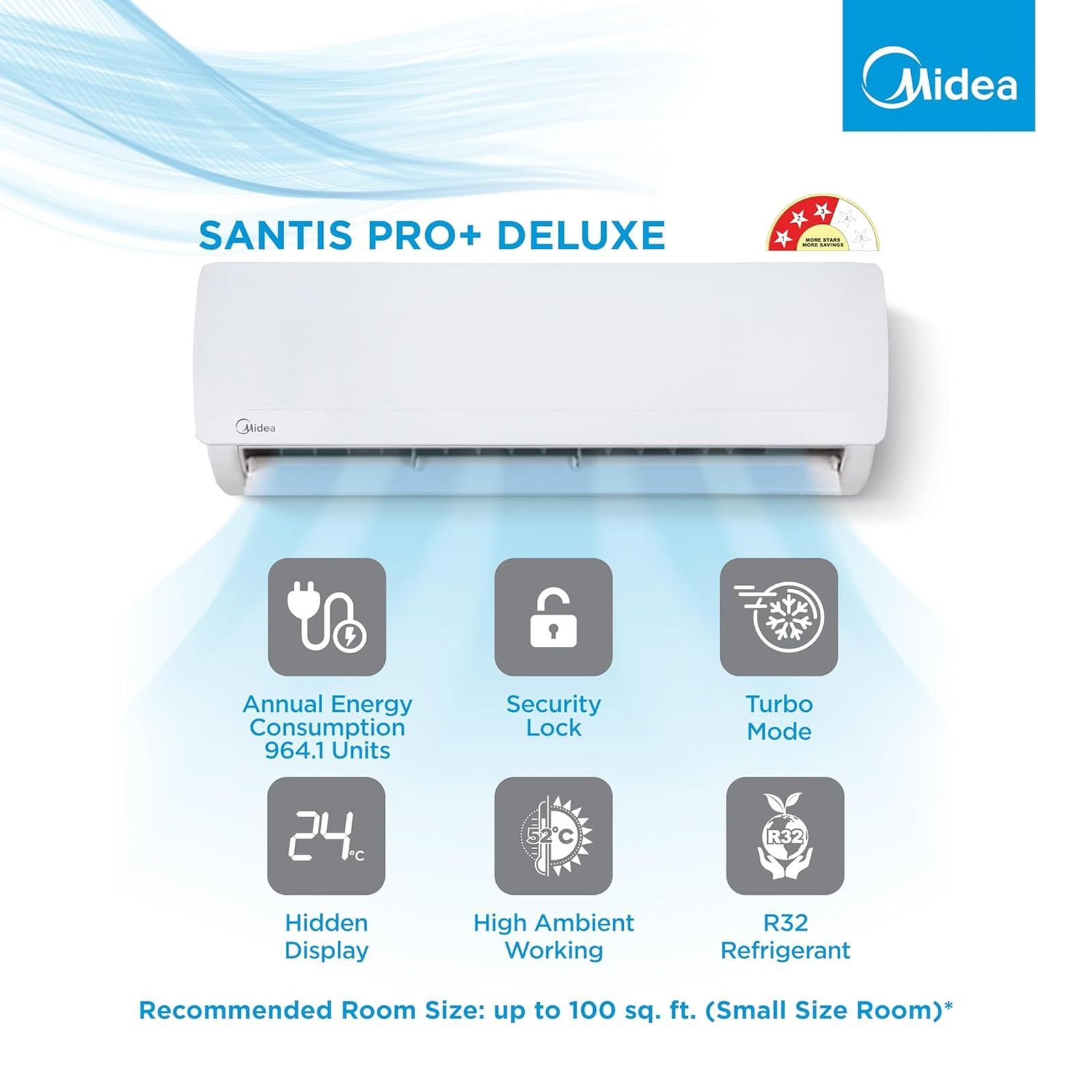 Midea Santis Pro Plus Deluxe 4 in 1 Convertible 1 Ton 3 Star Inverter Split AC with Auto Cleanser (Copper Condenser, MAI12SP3R33F0) Midea Santis Pro Plus Deluxe 4 in 1 Convertible 1 Ton 3 Star Inverter Split AC with Auto Cleanser (Copper Condenser, MAI12SP3R33F0)_6