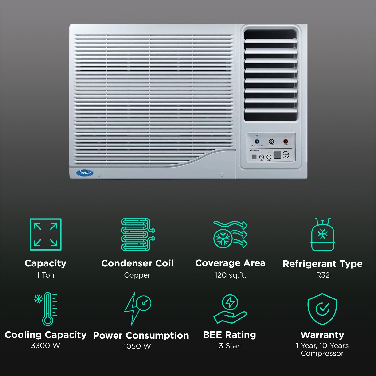 Carrier Estrella Ex 1 Ton 3 Star Fixed Speed Window AC (Copper Condenser, Dust Filter, CAW12EC3R34F0) Carrier Estrella Ex 1 Ton 3 Star Fixed Speed Window AC (Copper Condenser, Dust Filter, CAW12EC3R34F0)_2