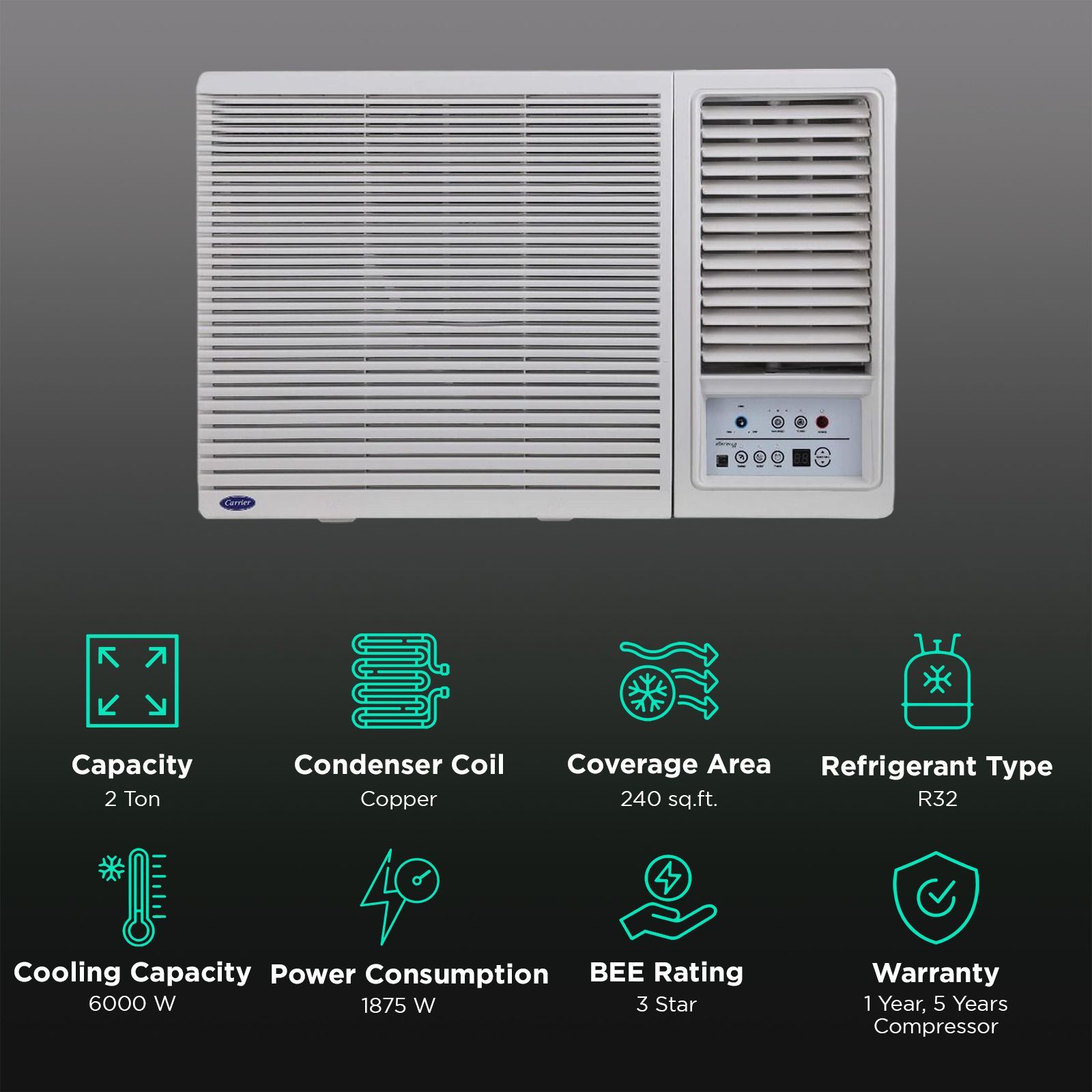 Carrier Estrella Ex 2 Ton 3 Star Fixed Speed Window AC (Copper Condenser, Dust Filter, CAW24EC3R32F0)_2