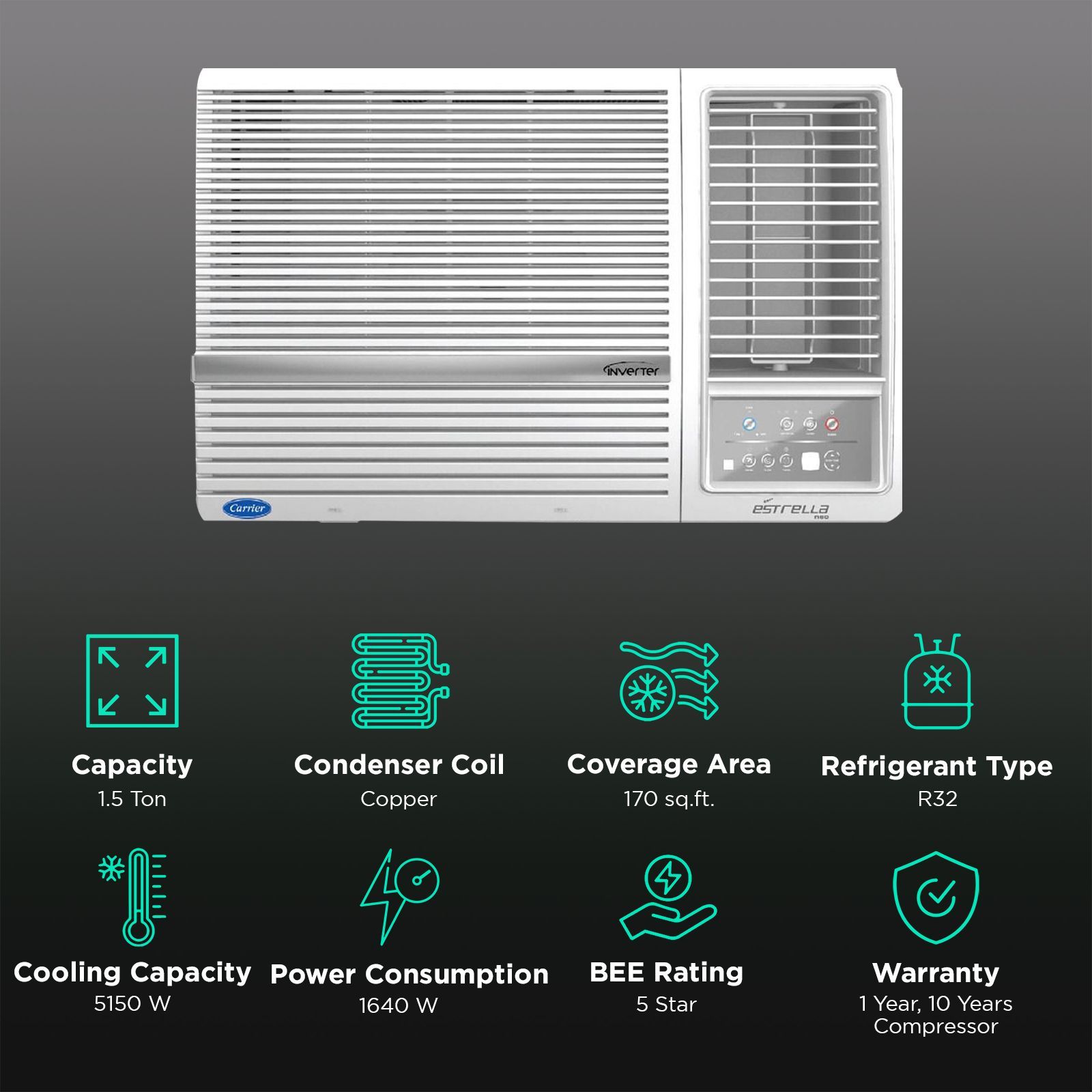 Carrier Estrella Exi 1.5 Ton 5 Star Inverter Window AC (Copper Condenser, Dust Filter, CIW18EC5R32F0)_2