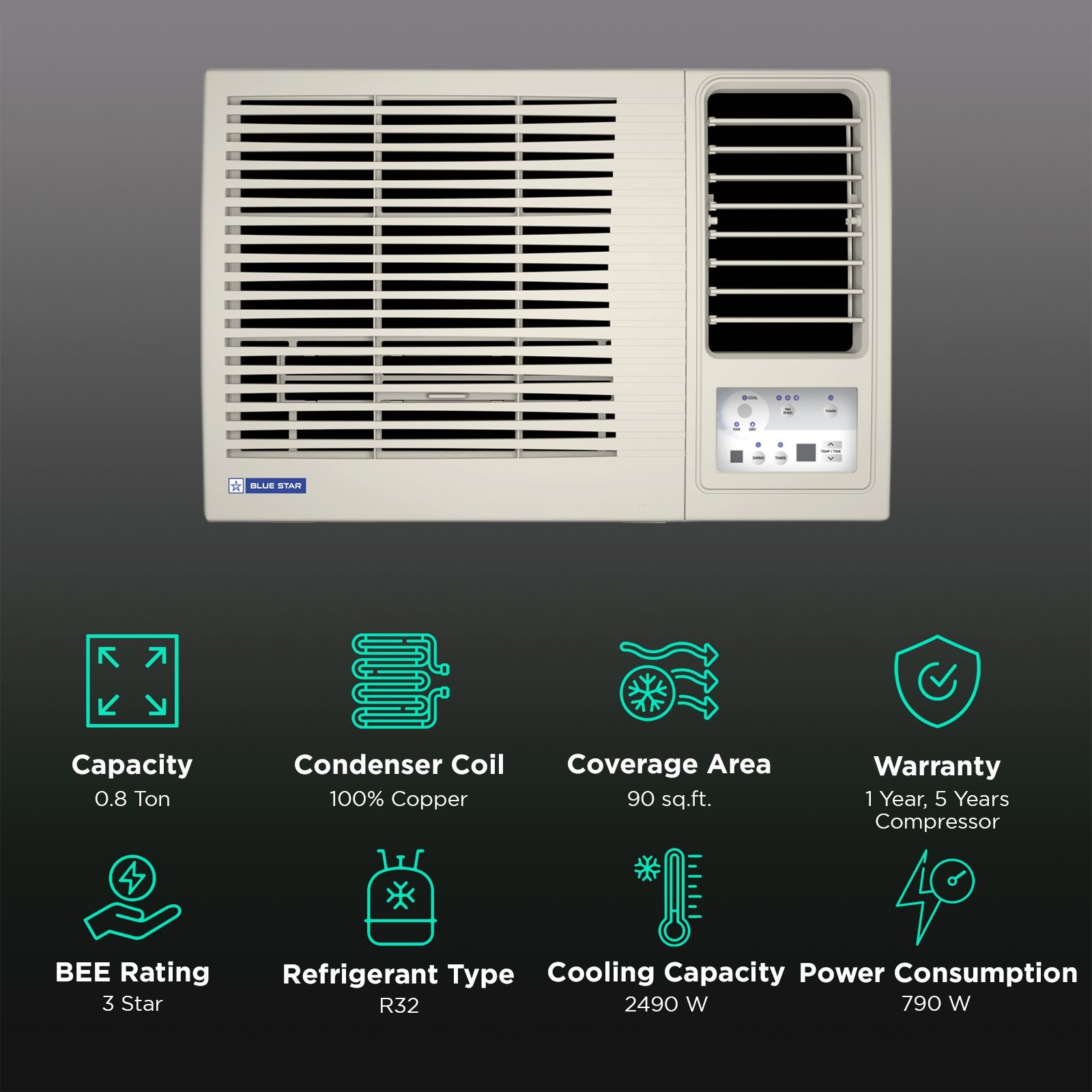 Blue Star L Series 0.8 Ton 3 Star Fixed Speed Window AC (Copper Condenser, Dust Filter, WFD309L) Blue Star L Series 0.8 Ton 3 Star Fixed Speed Window AC (Copper Condenser, Dust Filter, WFD309L)_2