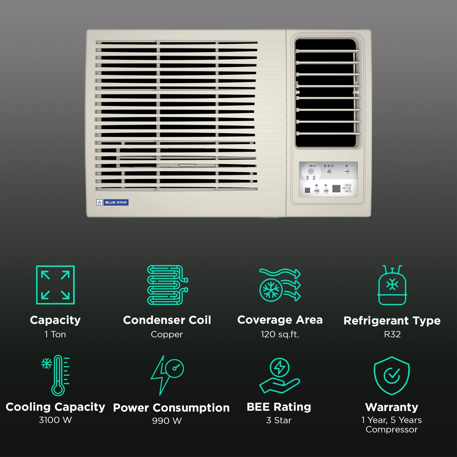Blue Star L Series 1 Ton 3 Star Fixed Speed Window AC (Copper Condenser, Dust Filter, WFD312L)_2