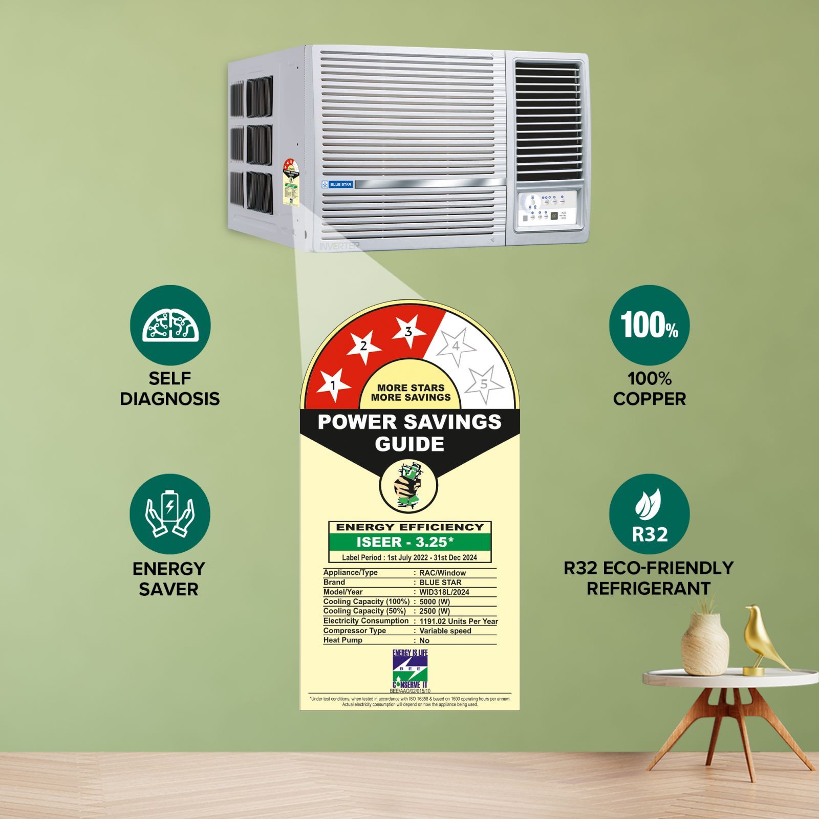 Blue Star L Series 5 in 1 Convertible 1.5 Ton 3 Star Inverter Window AC with Self Diagnosis (Copper Condenser, WID318L) Blue Star L Series 5 in 1 Convertible 1.5 Ton 3 Star Inverter Window AC with Self Diagnosis (Copper Condenser, WID318L)_9
