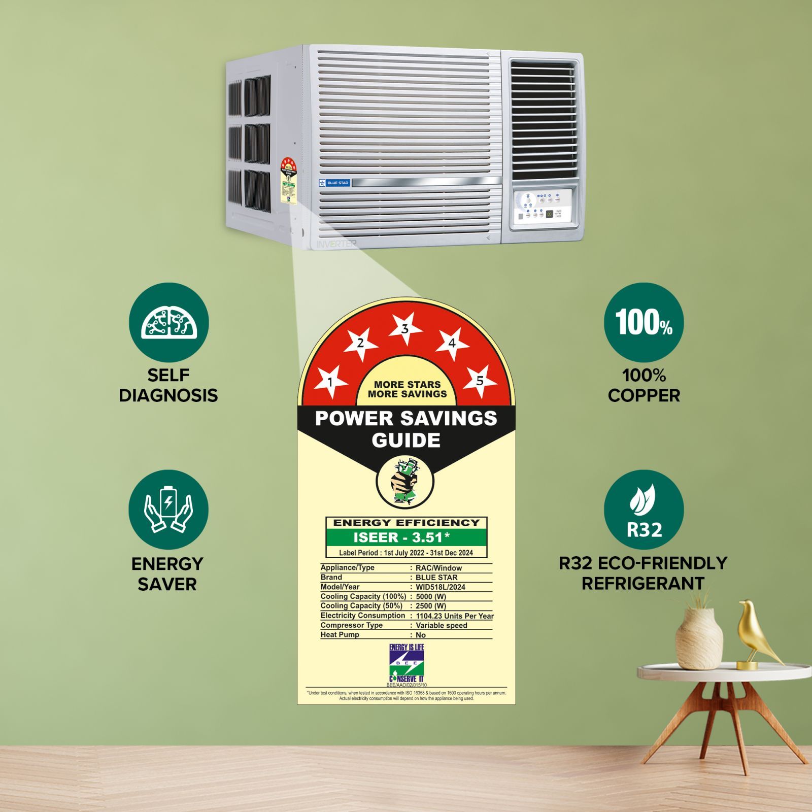 Blue Star L Series 5 in 1 Convertible 1.5 Ton 5 Star Inverter Window AC with Self Diagnosis (Copper Condenser, WID518L)_14