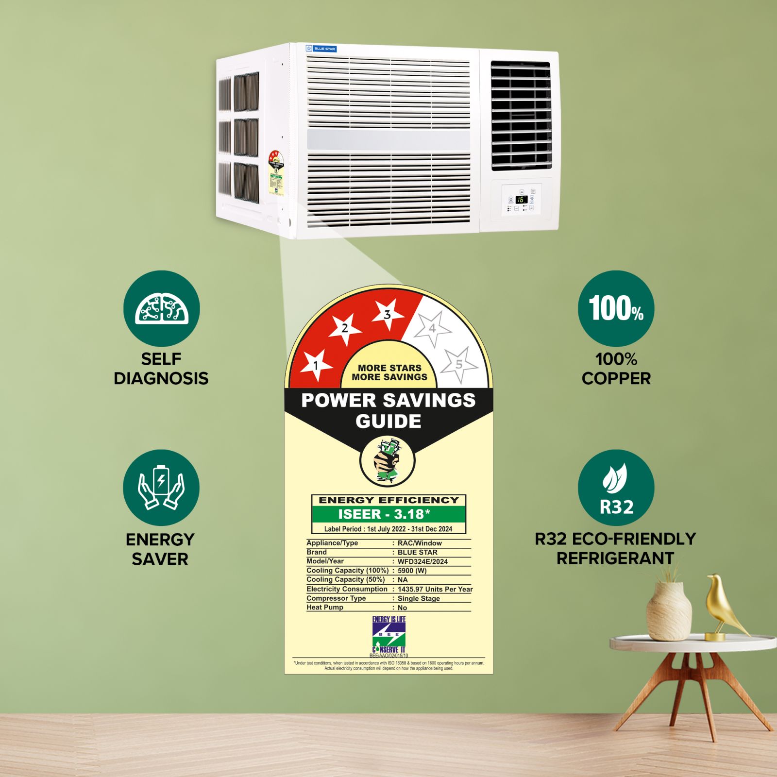 Blue Star E Series 2 Ton 3 Star Fixed Speed Window AC (Copper Condenser, Dust Filter, WFD324E)_7