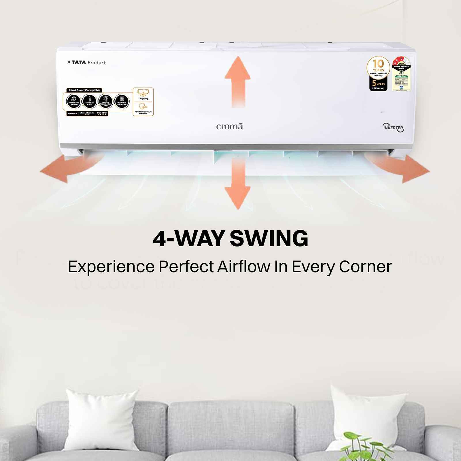 Croma 7 in 1 Convertible 1.5 Ton 5 Star Inverter Split AC with 4 Way Swing(2025 Model, Copper Condenser, CRLA018INF283269)_7