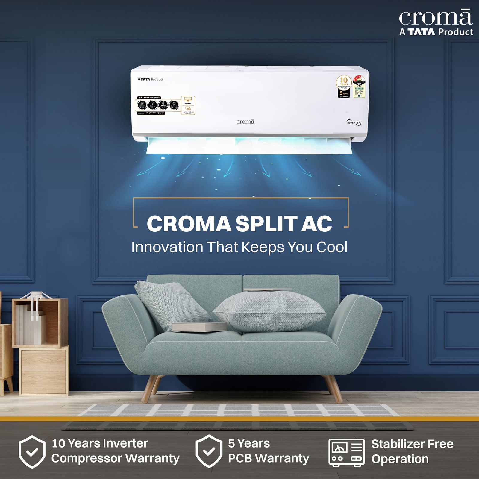 Croma 7 in 1 Convertible 2 Ton 3 Star Inverter Split AC with Temperature Sensor (2025 Model, Copper Condenser, CRLA024IND283270)_5