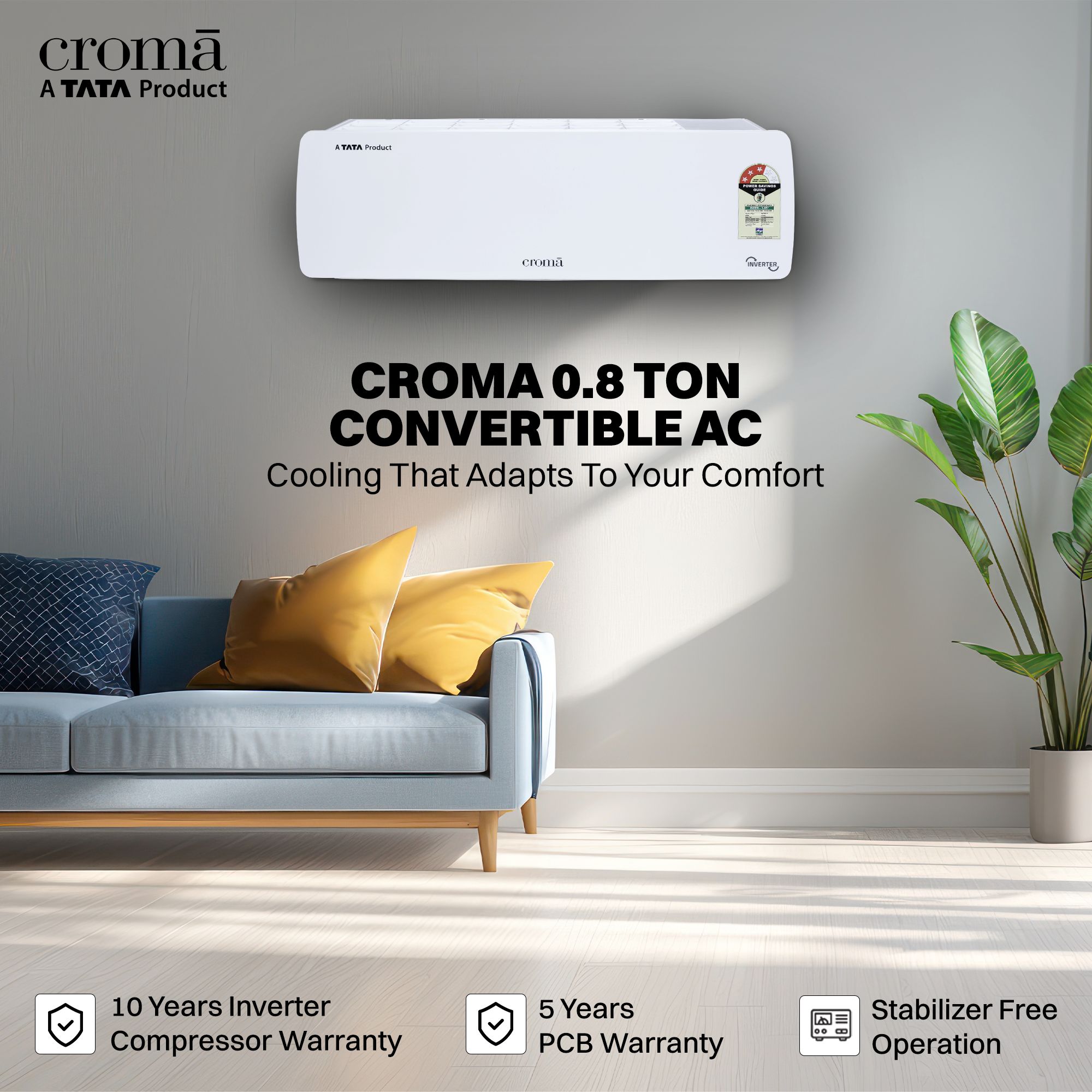 Croma 7 in 1 Convertible 0.8 Ton 3 Star Inverter Split AC with Temperature Sensor (2025 Model, Copper Condenser, CRLA009IND283263)_8