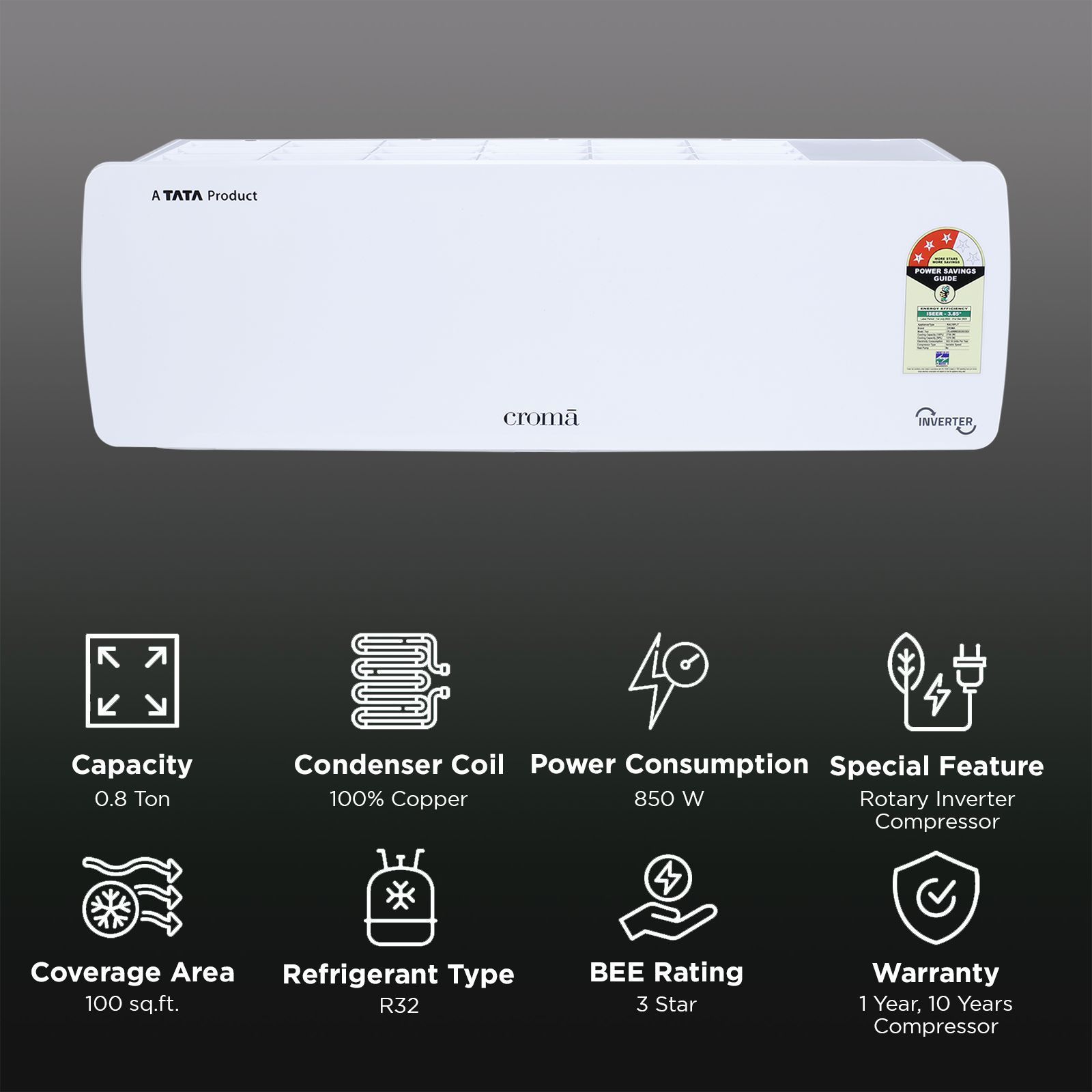 Croma 7 in 1 Convertible 0.8 Ton 3 Star Inverter Split AC with Temperature Sensor (2025 Model, Copper Condenser, CRLA009IND283263)_2