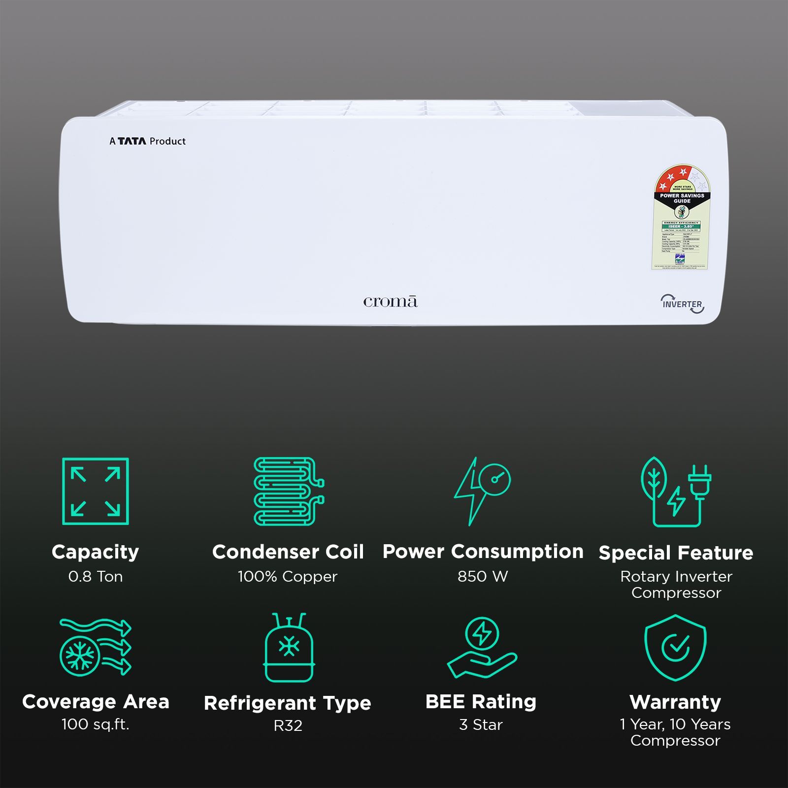 Croma 7 in 1 Convertible 0.8 Ton 3 Star Inverter Split AC with Temperature Sensor (2025 Model, Copper Condenser, CRLA009IND283263)_3