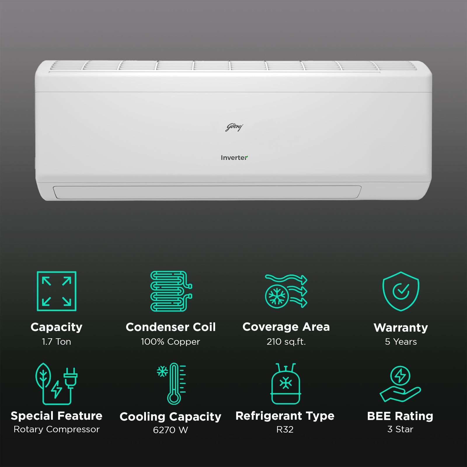 Godrej Turbo Chill Series Convertible 1.7 Ton 3 Star Inverter Split AC with Anti Freeze Thermostat (Copper Condenser, 40101701SD01370) Godrej Turbo Chill Series Convertible 1.7 Ton 3 Star Inverter Split AC with Anti Freeze Thermostat (Copper Condenser, 40101701SD01370)_2