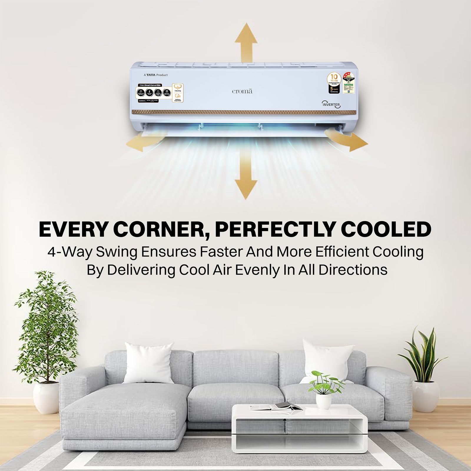 Croma 7 in 1 Convertible 0.8 Ton 3 Star Inverter Split AC with 4 way swing (2025 Model, Copper Condenser, CRLA009IND170270)_8