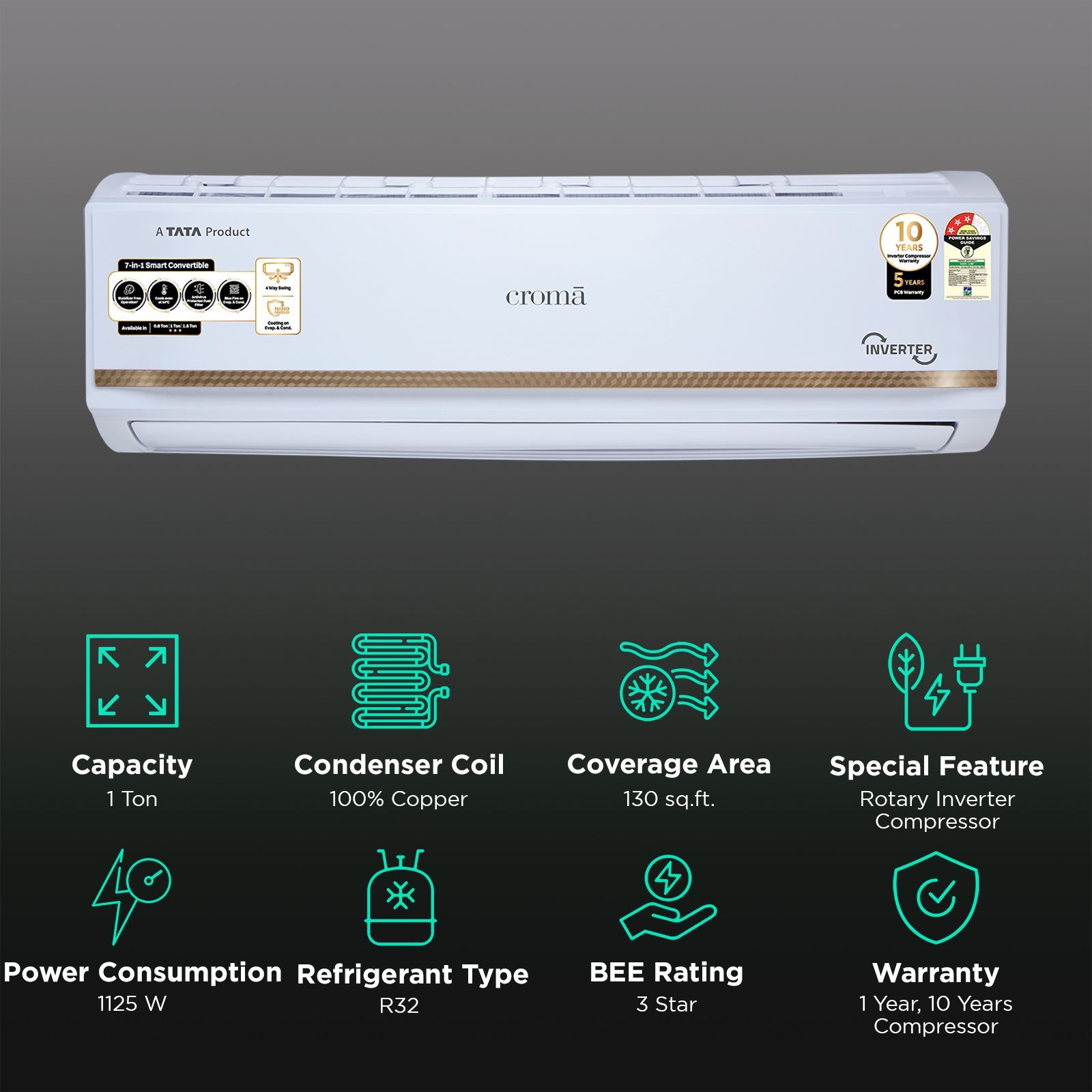 Croma 7 in 1 Convertible 1 Ton 3 Star Inverter Split AC with Temperature Sensor (2025 Model, Copper Condenser, CRLA012IND170271)_2