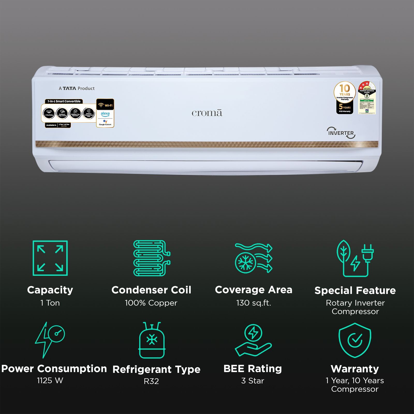Croma 7 in 1 Convertible 1 Ton 3 Star Inverter Split Smart AC with Voice Assistant (2025 Model, Copper Condenser, CRLAS12IND170272) Croma 7 in 1 Convertible 1 Ton 3 Star Inverter Split Smart AC with Voice Assistant (2025 Model, Copper Condenser, CRLAS12IND170272)_2